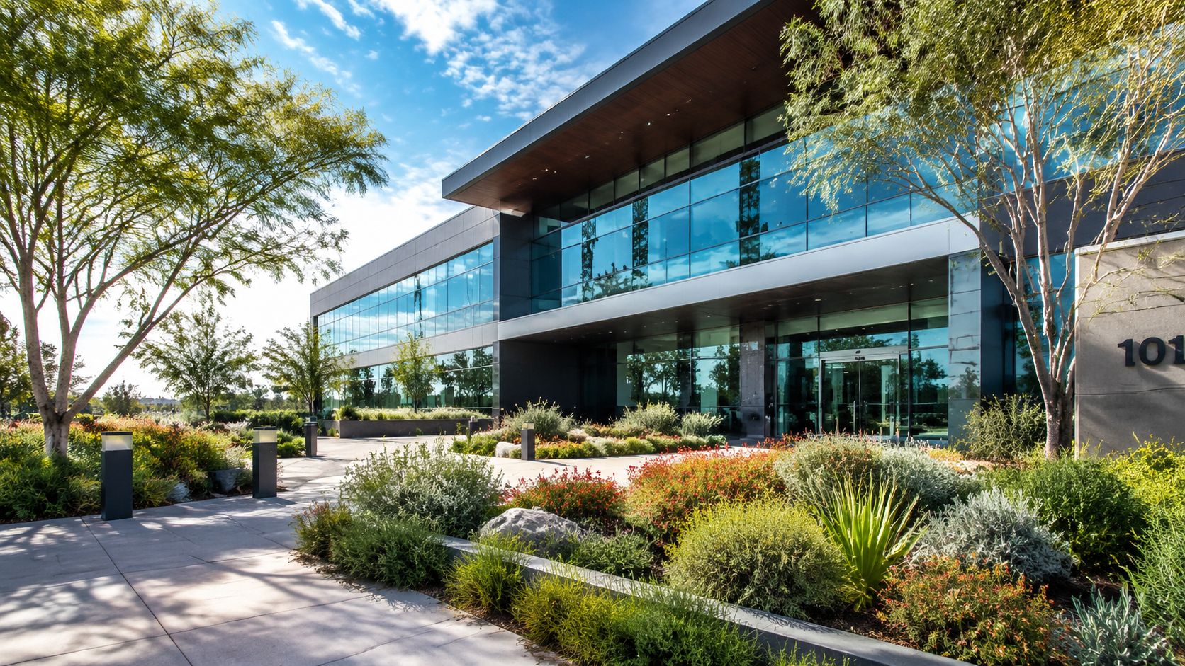 A modern commercial building surrounded by xeriscaping with native plants in a North Texas office park setting.