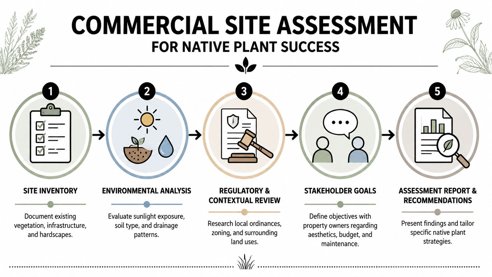 A five-step infographic showing the commercial site assessment process for successful native plant landscaping projects.