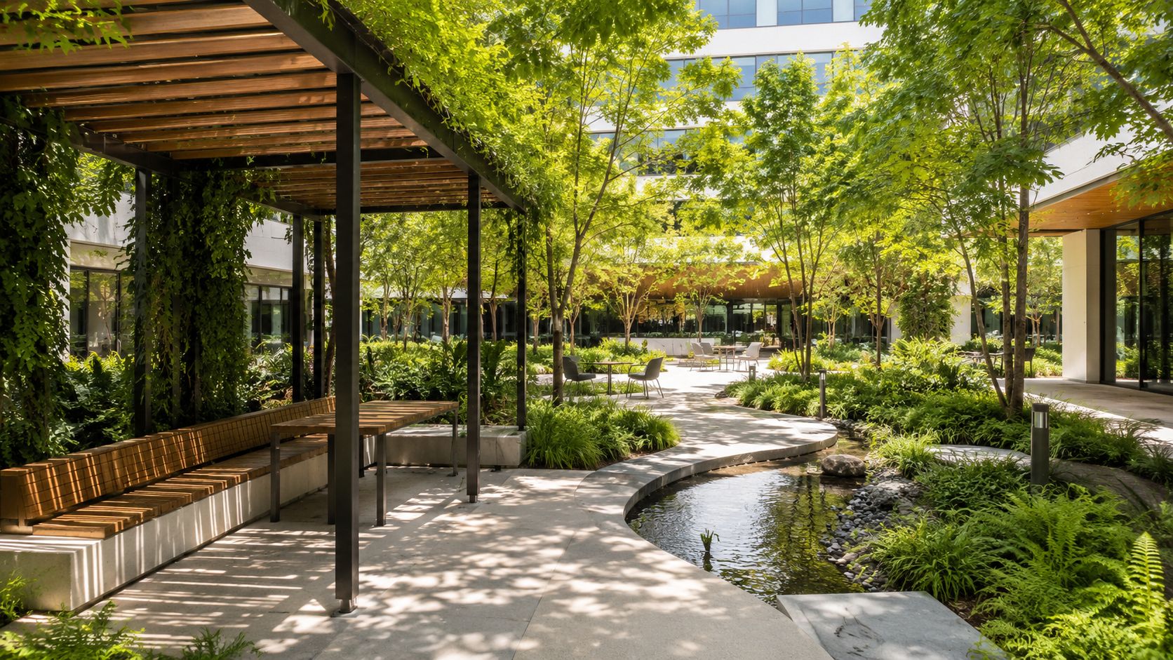 A serene outdoor courtyard featuring a modern wooden pergola, lush greenery, and a small reflective water feature.