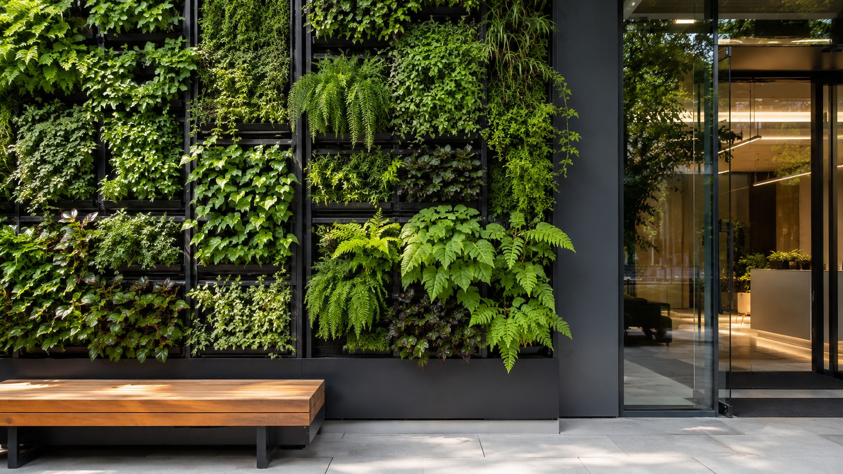 A modern office building exterior featuring a vertical living plant wall and a wooden bench.