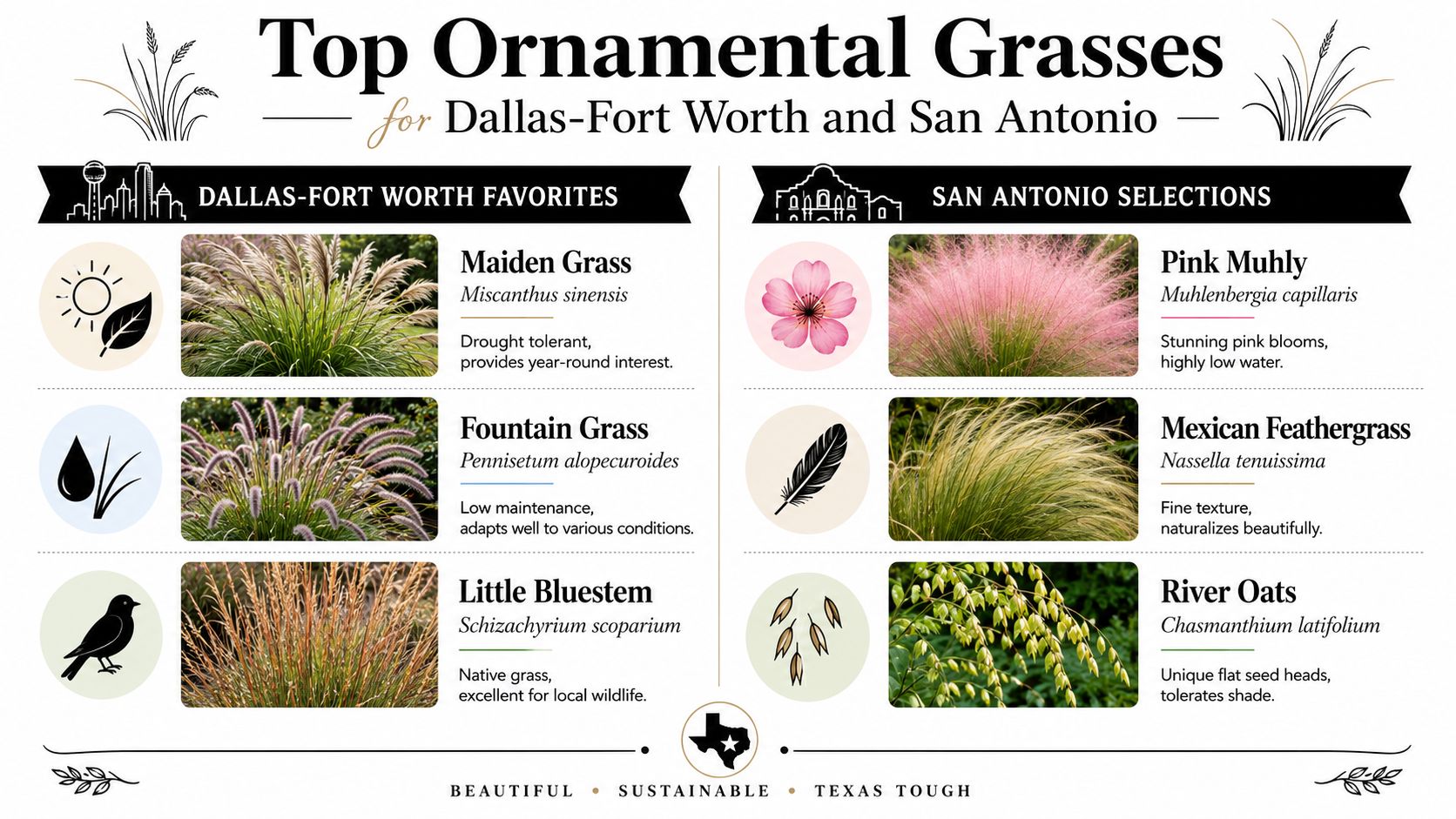 A list of top ornamental grasses recommended for gardening in Dallas-Fort Worth and San Antonio, Texas.