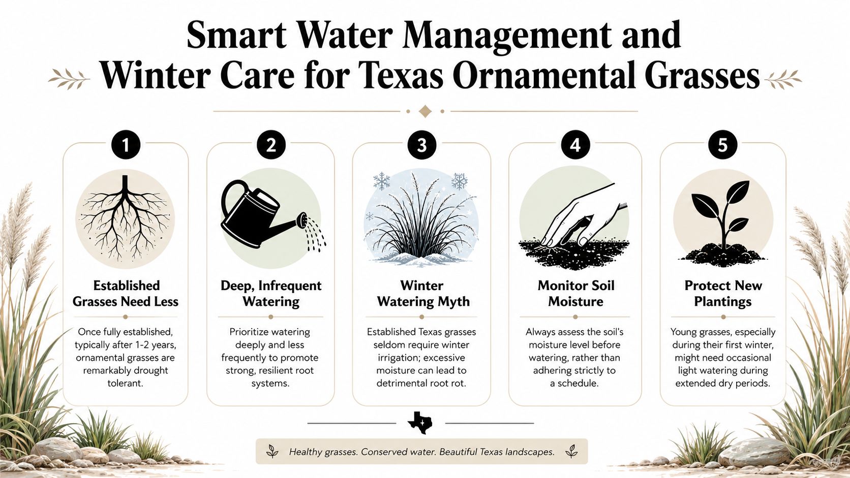 An infographic titled Smart Water Management and Winter Care for Texas Ornamental Grasses with five helpful tips.
