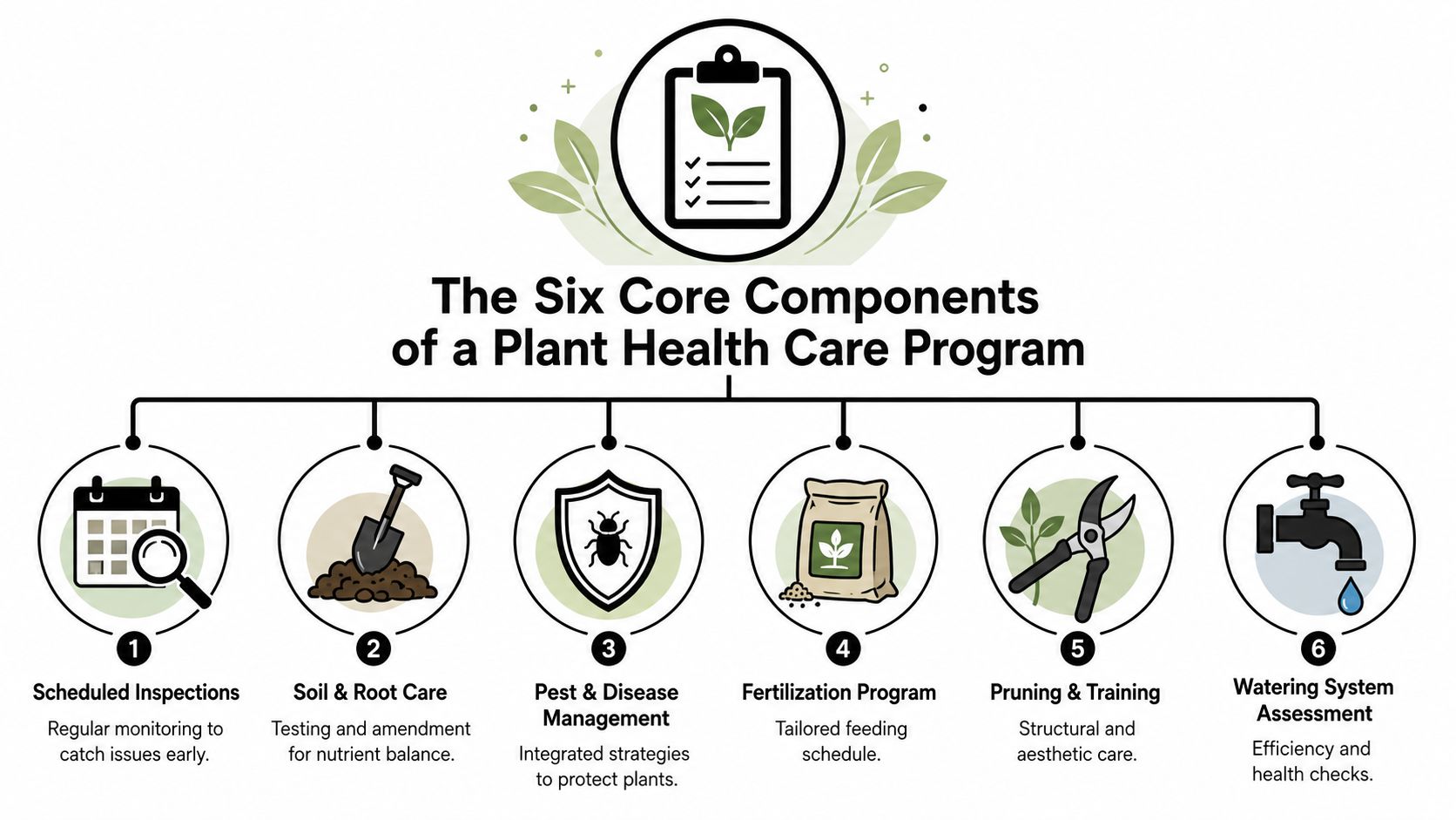 A diagram illustrating the six core components of a professional plant health care program for gardens.