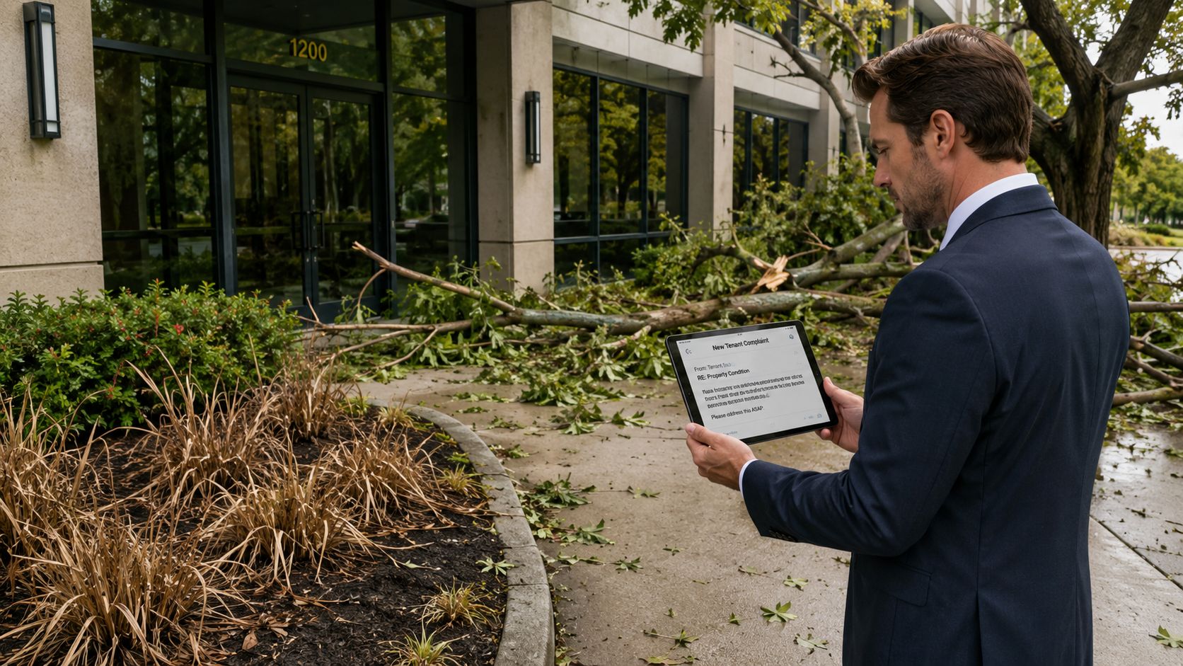 A professional in a suit checks a tenant complaint on a tablet in front of storm-damaged trees.