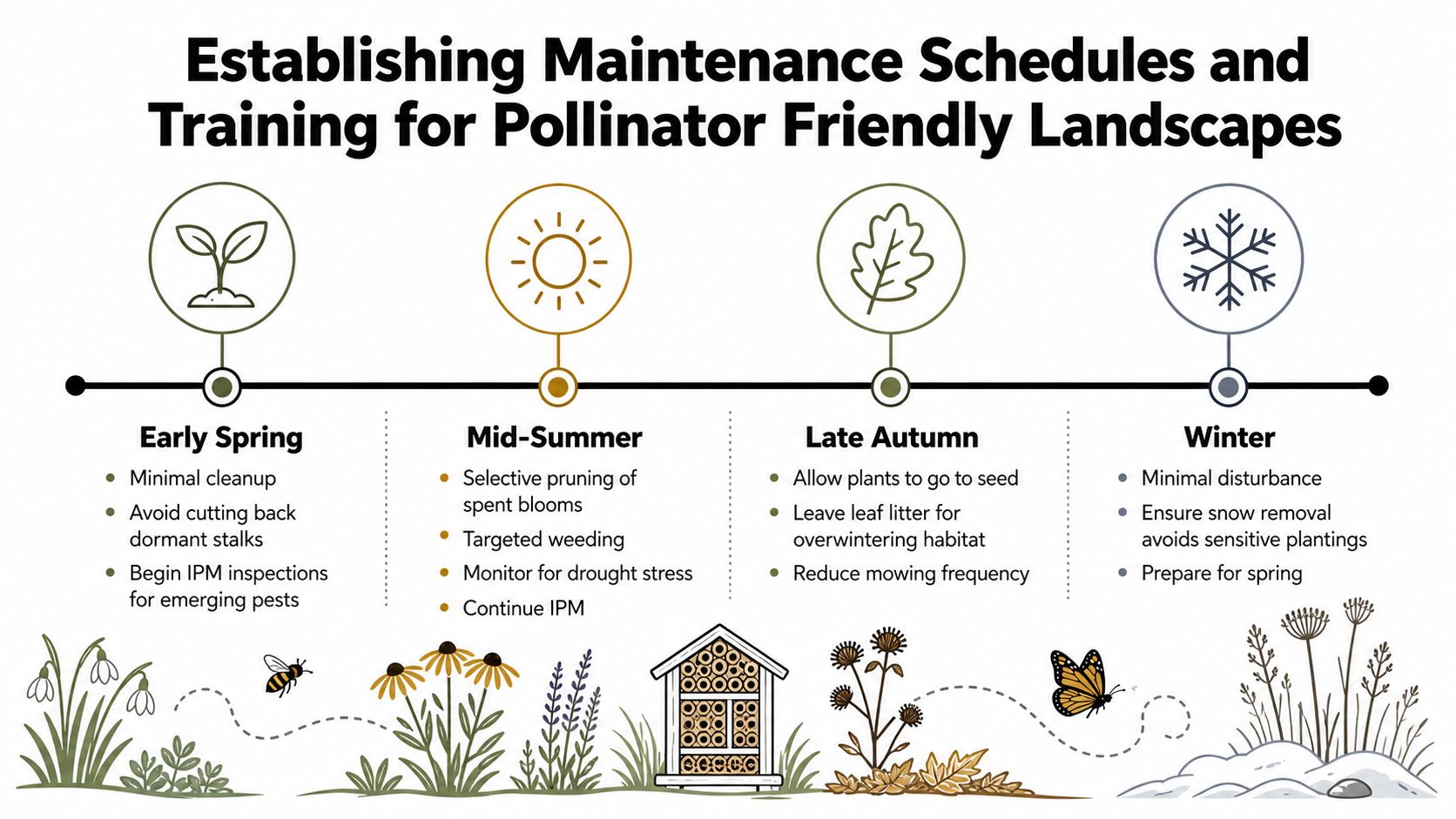 A seasonal infographic detailing maintenance practices for establishing and sustaining pollinator-friendly garden landscapes throughout the year.
