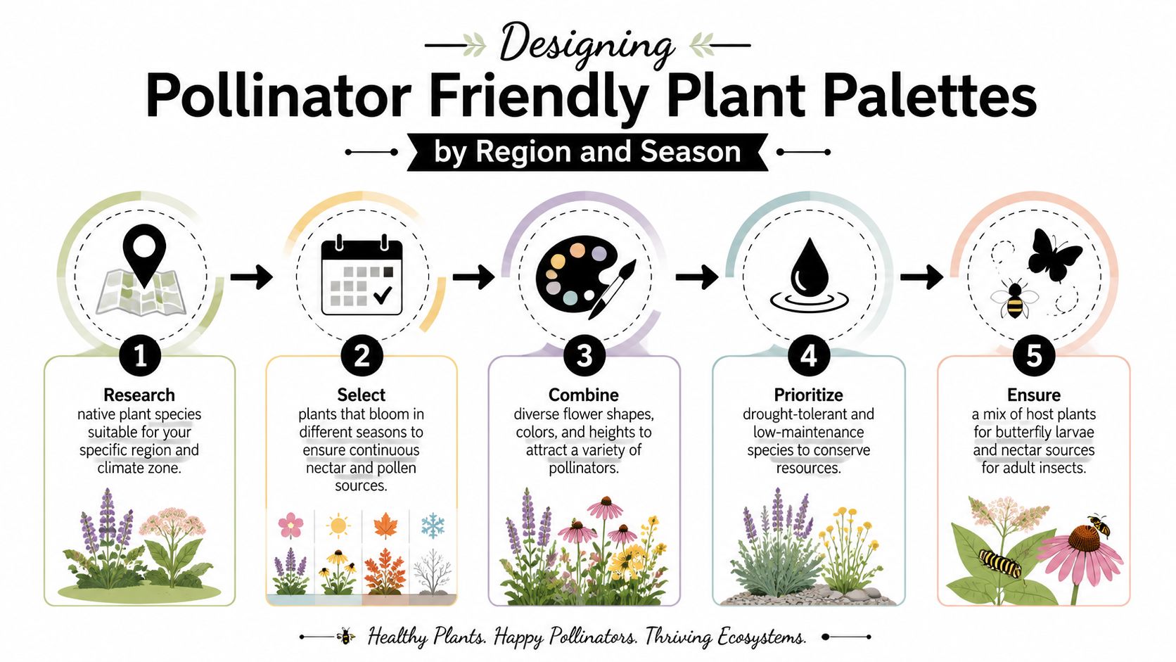 A five-step infographic guide illustrating the process of designing a pollinator friendly garden plant palette.