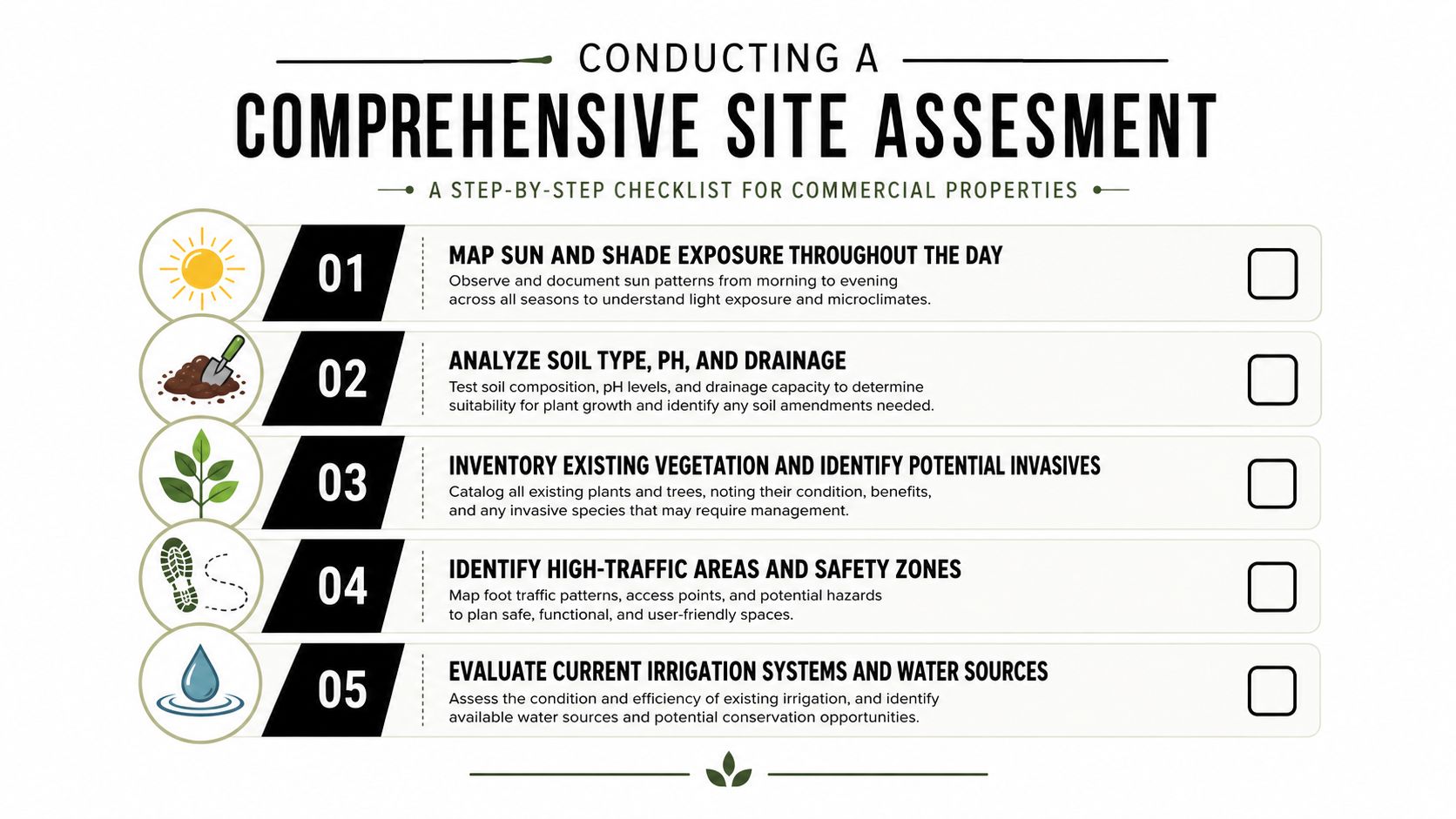 A step-by-step checklist infographic for conducting a comprehensive landscape site assessment on commercial properties.