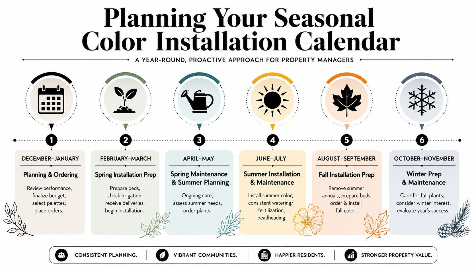 An infographic showing a six-step seasonal color installation calendar for property managers throughout the entire year.