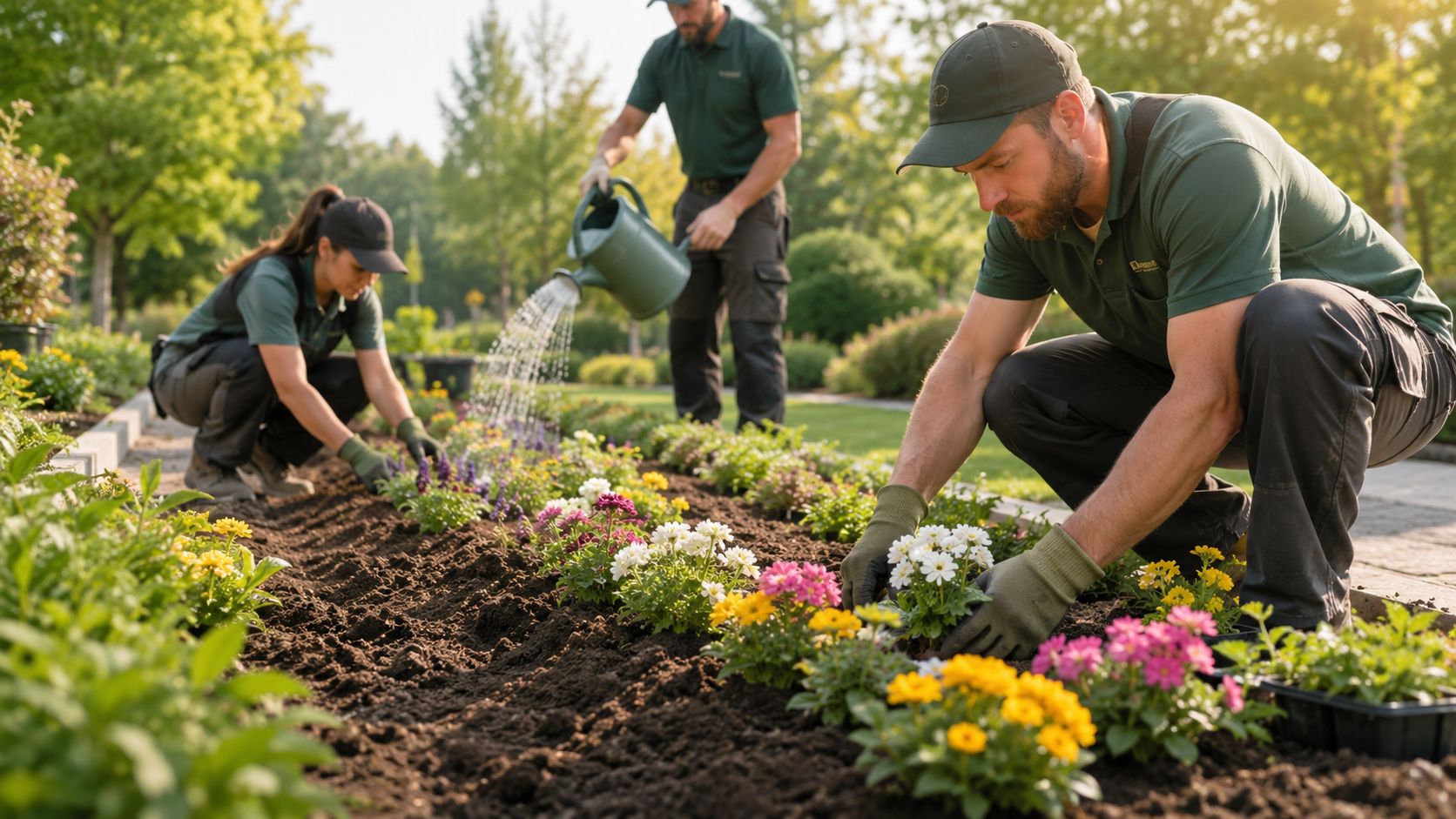 A team of professional landscapers in green uniforms planting colorful flowers in a garden bed.