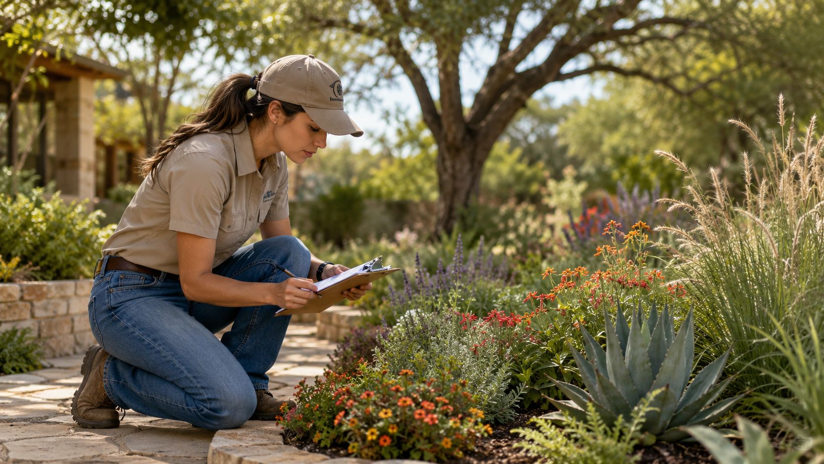 A professional landscaper wearing a cap and work shirt inspects plants while taking notes on a clipboard.