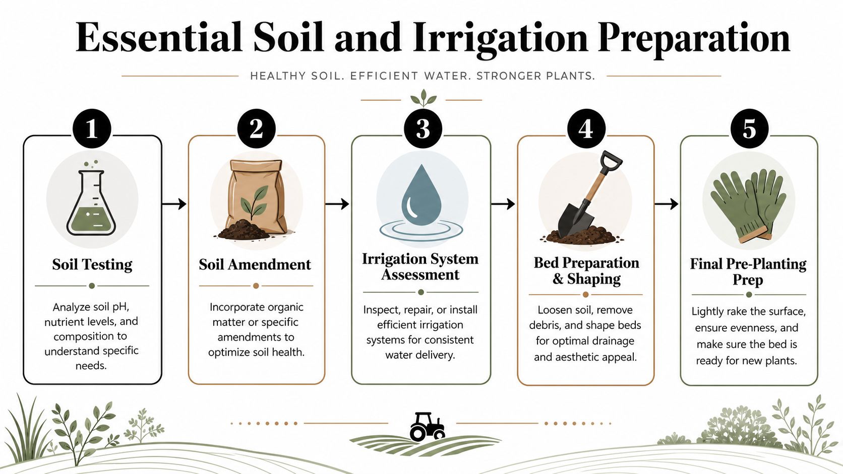 An infographic detailing five essential steps for soil and irrigation preparation before planting for healthy plants.