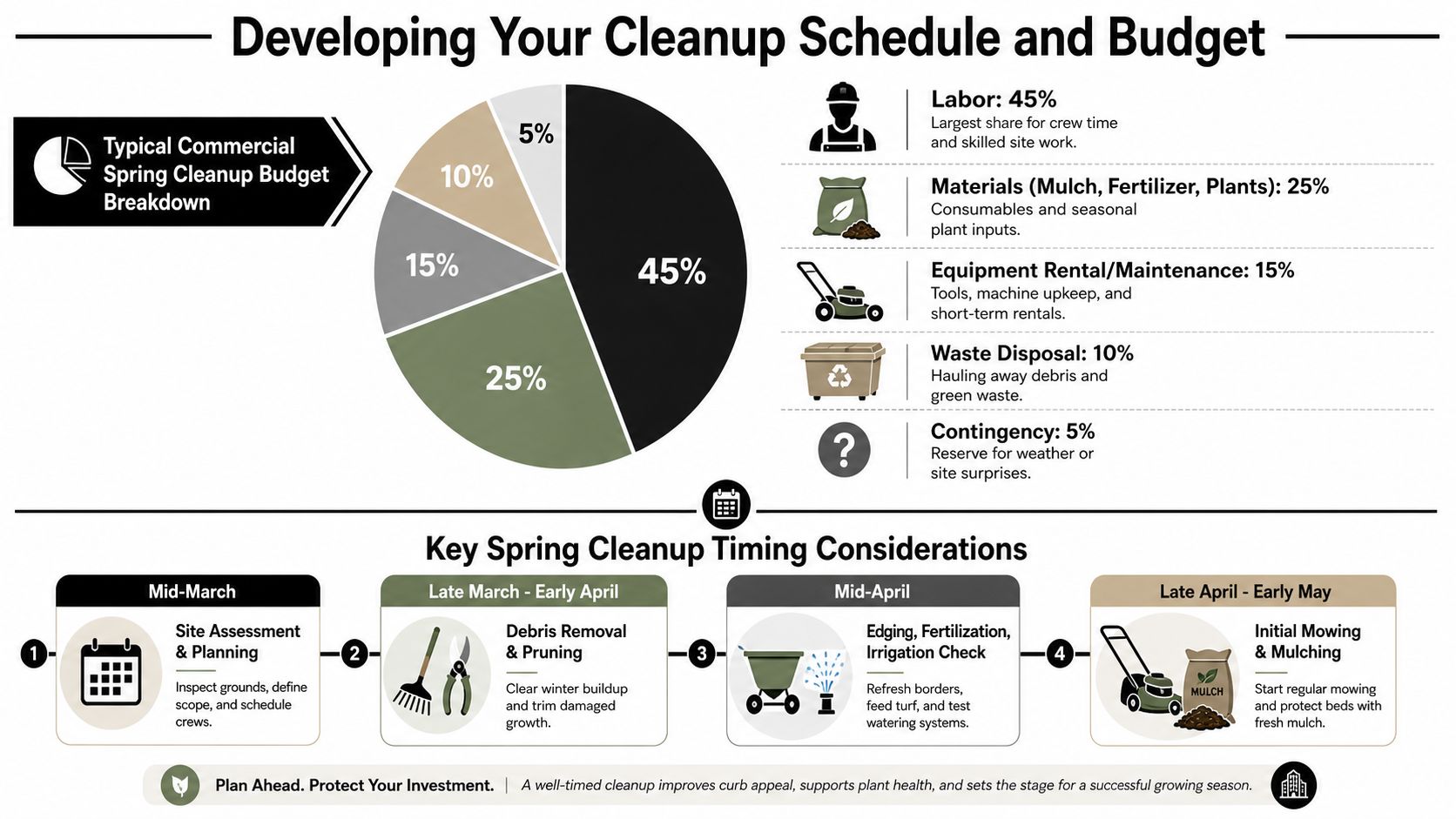 An infographic titled Developing Your Cleanup Schedule and Budget showing budget allocation and seasonal task timelines.