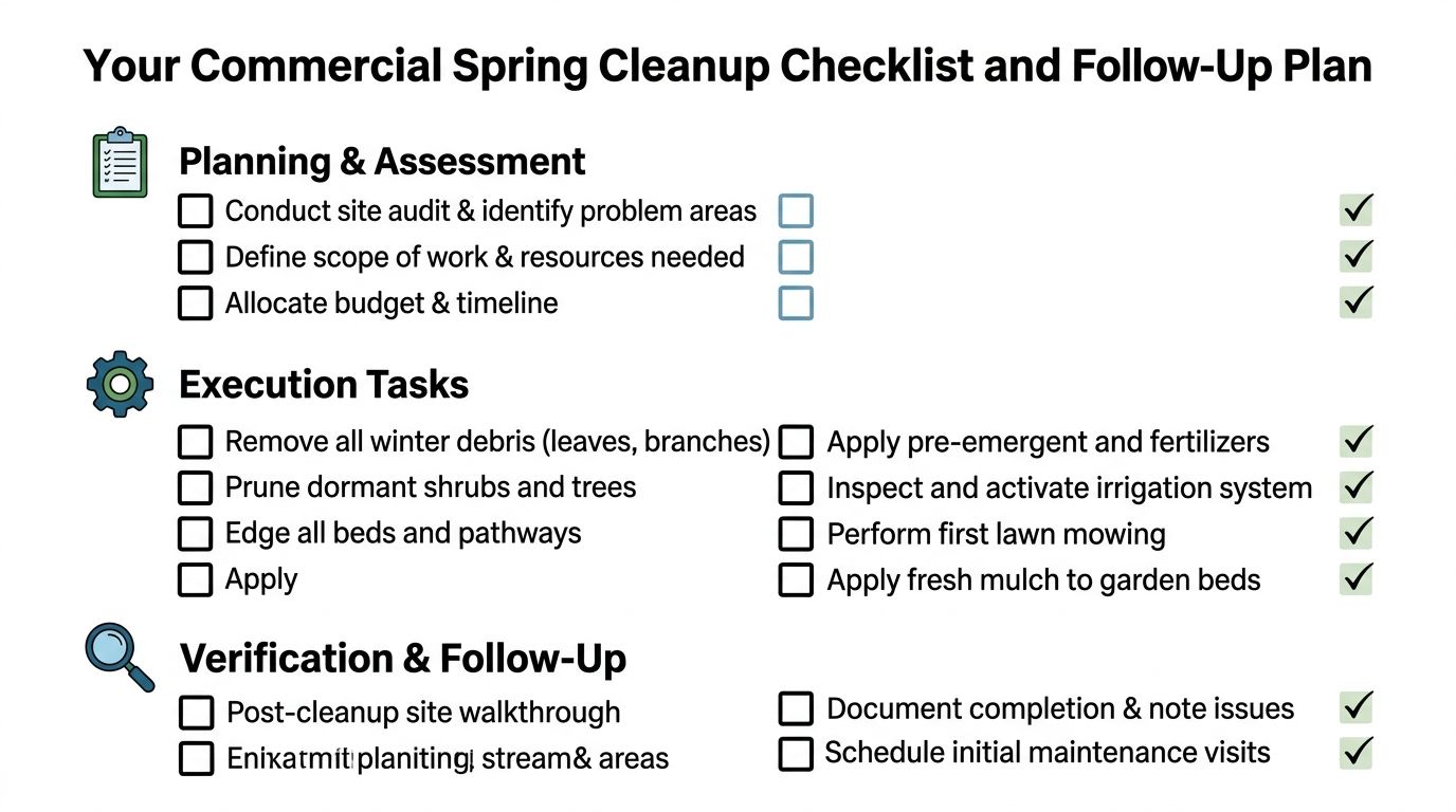 A checklist titled Commercial Spring Cleanup outlining planning, execution tasks, and verification steps for property maintenance.