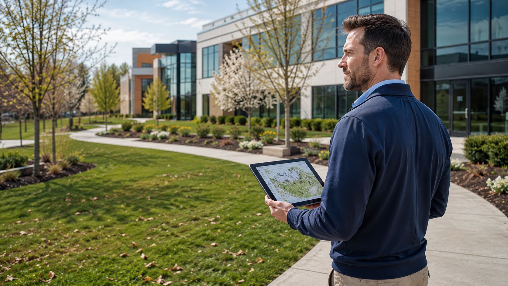 A professional man holding a tablet inspects a park during a spring landscape cleanup project.
