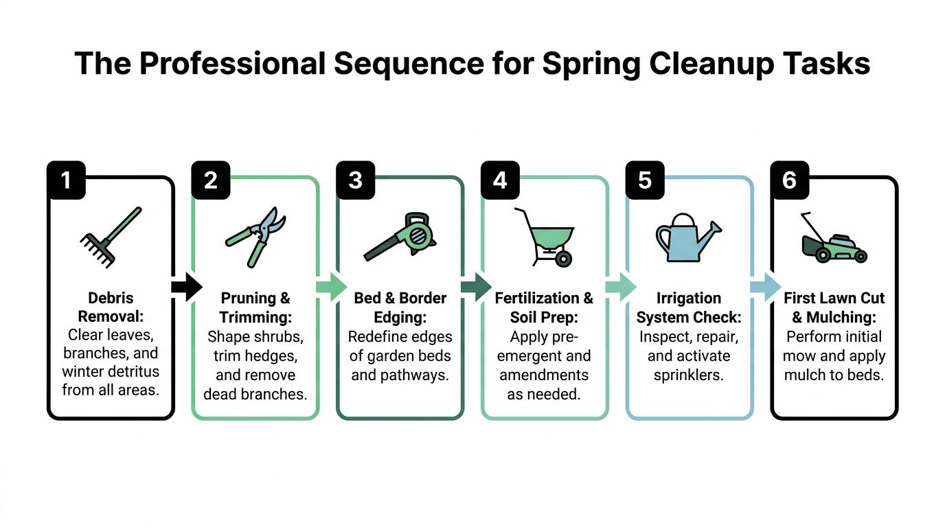 A numbered sequence infographic detailing the six professional steps for performing spring landscape cleanup tasks efficiently.