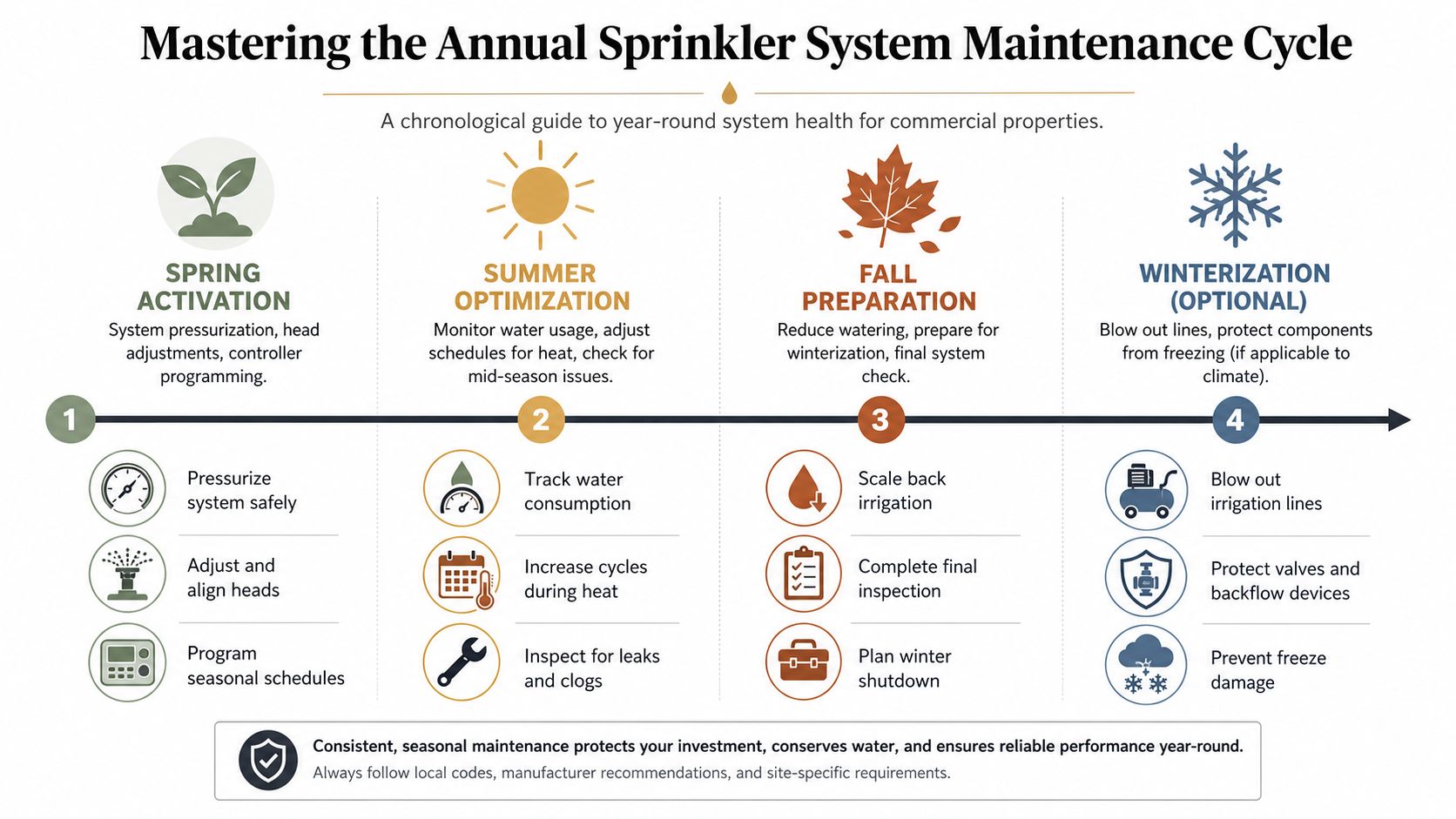 A chronological infographic guide illustrating the annual sprinkler system maintenance cycle for commercial properties by season.