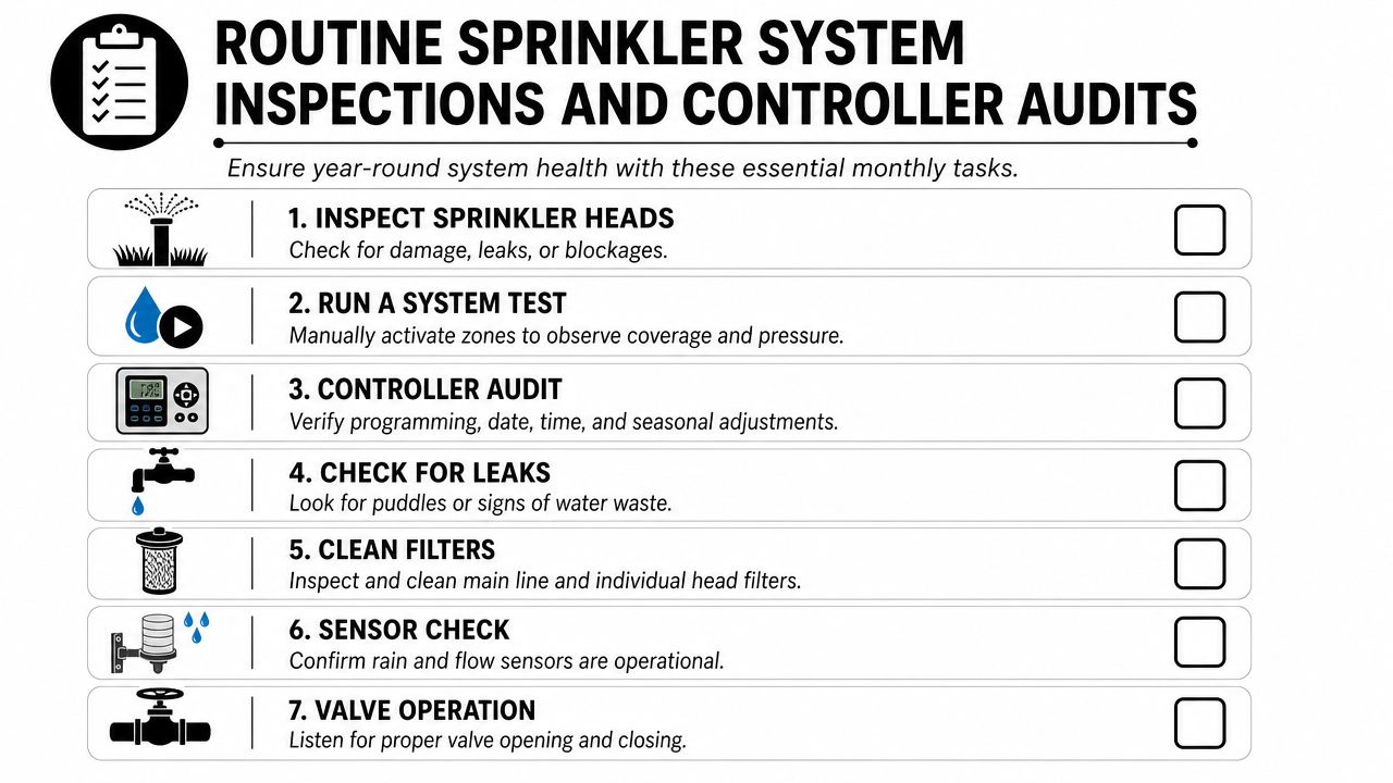 A checklist for routine sprinkler system maintenance, including seven essential monthly tasks to ensure system health.