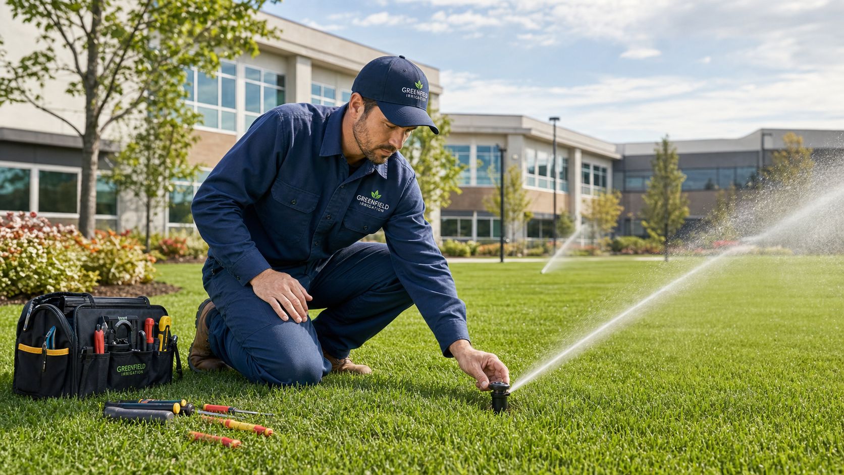 A professional irrigation technician in uniform kneeling on a lawn to adjust an active sprinkler head.