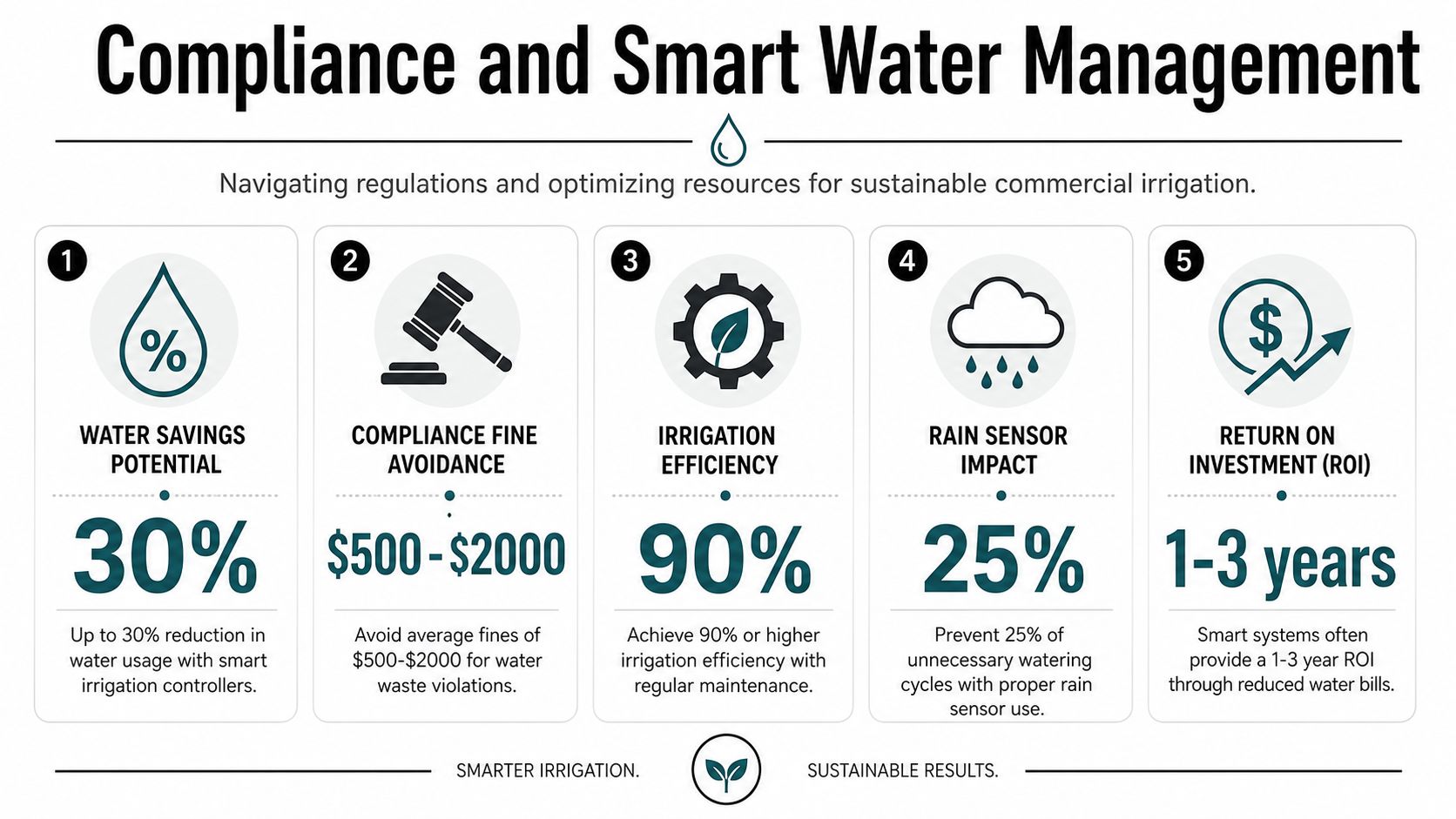 An infographic showing five benefits of smart water management systems for efficient commercial irrigation compliance.