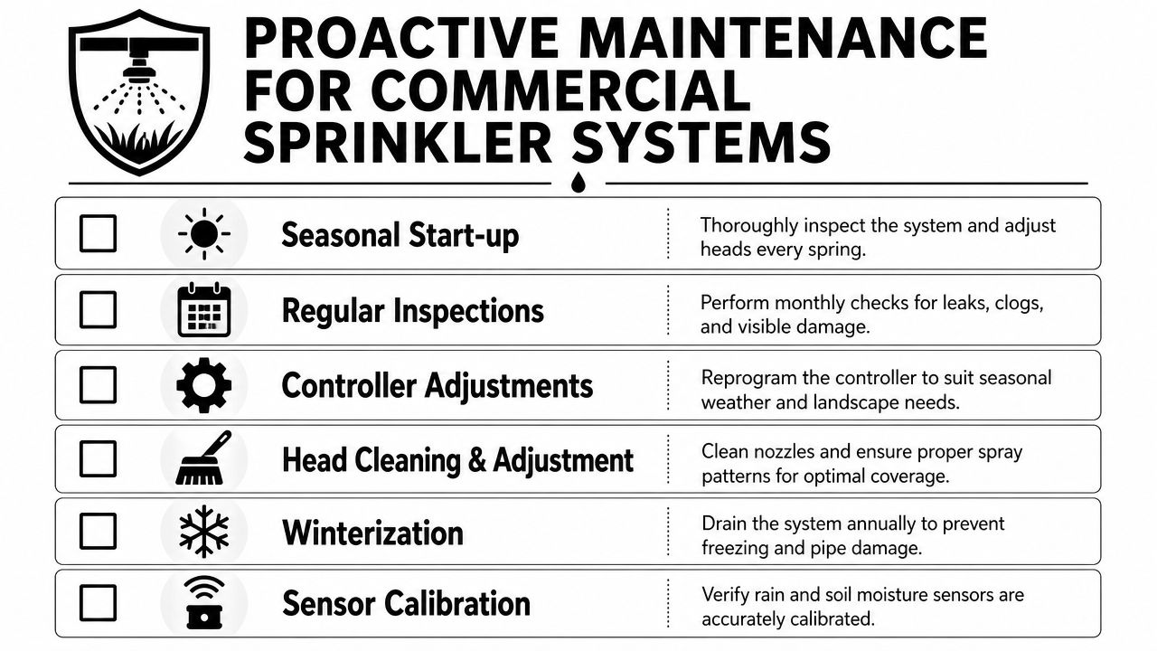 A checklist infographic outlining proactive maintenance tips for commercial sprinkler systems including seasonal startup and regular inspections.