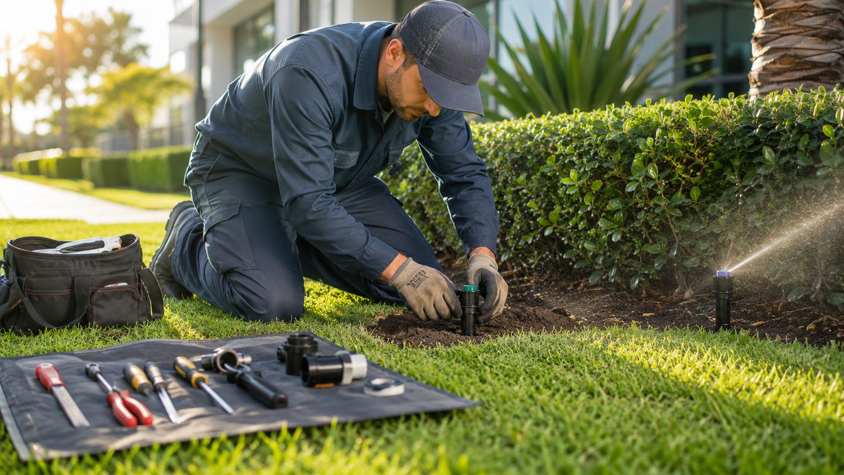 A professional technician in a blue uniform kneeling on grass while repairing a lawn sprinkler system.