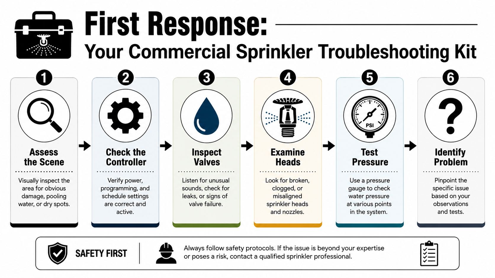 A step-by-step infographic titled First Response showing a six-step commercial sprinkler system troubleshooting process.