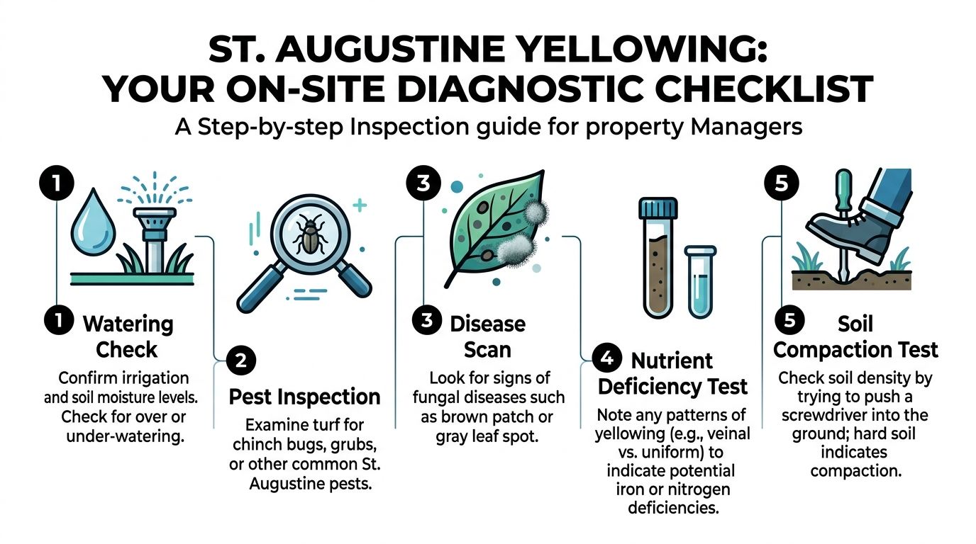 A five-step diagnostic checklist for property managers identifying the causes of yellowing in St. Augustine grass.