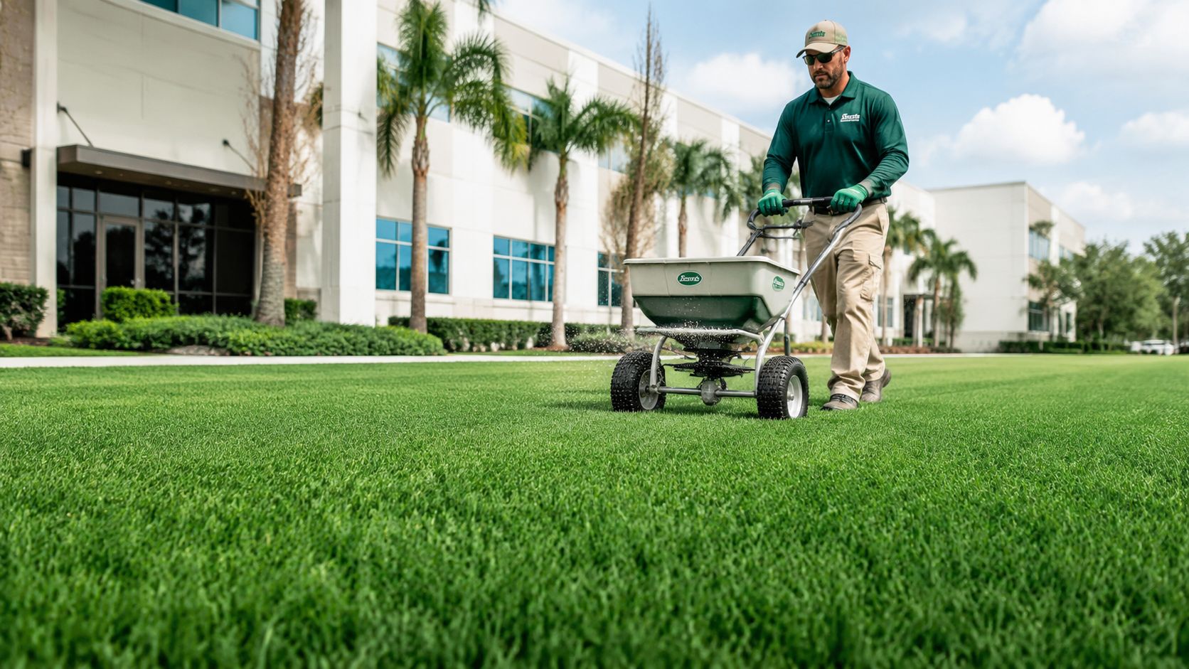 A professional landscaper in uniform uses a push spreader to apply fertilizer to a lush green lawn.