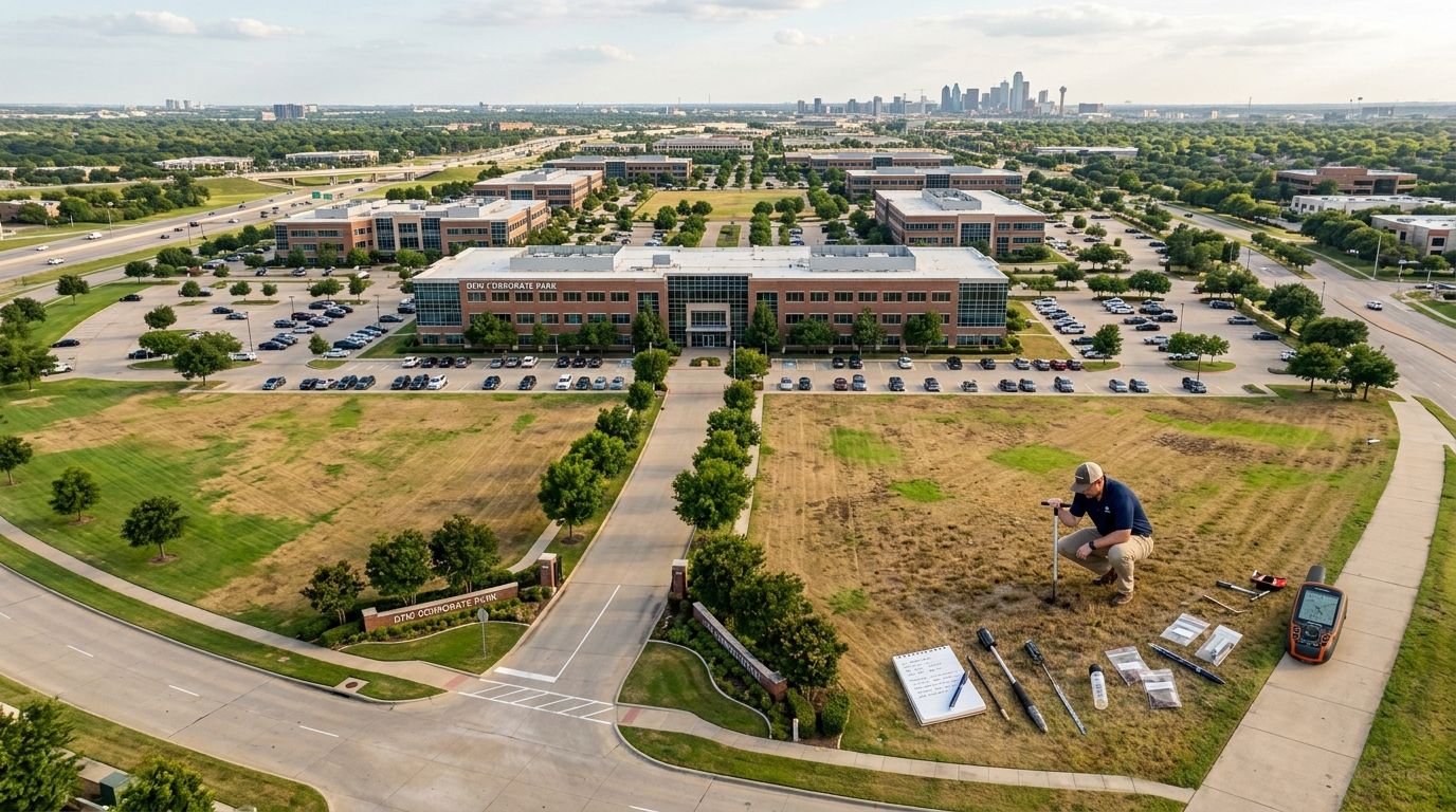 A professional environmental surveyor testing soil in a corporate park lawn to analyze grass yellowing issues.