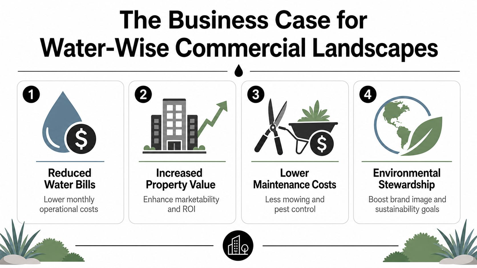 An infographic titled The Business Case for Water-Wise Commercial Landscapes highlighting four key benefits of sustainable gardening.