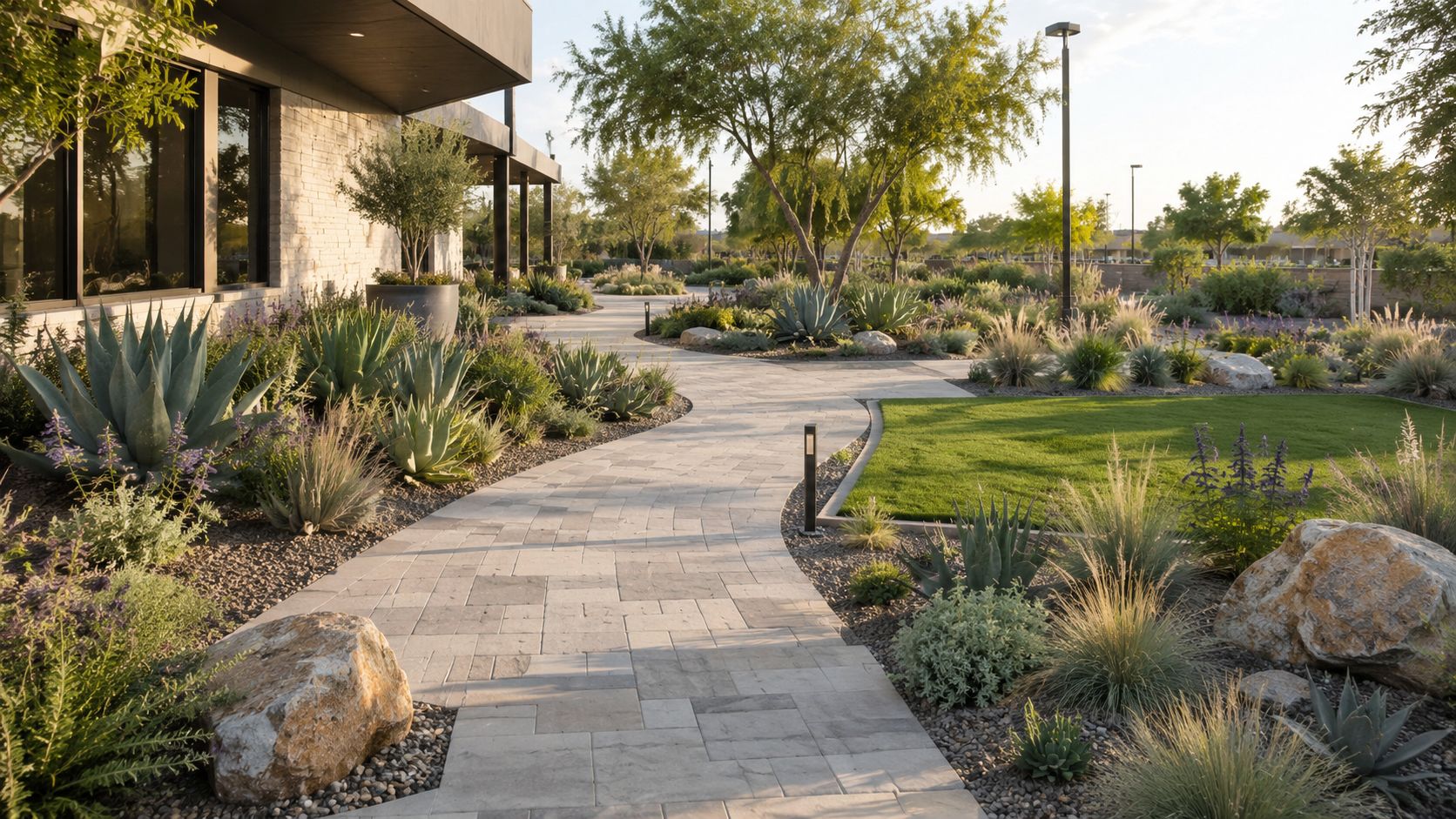 A modern building exterior featuring water-conscious desert landscaping with native agave plants, ornamental grasses, and stone pathways.