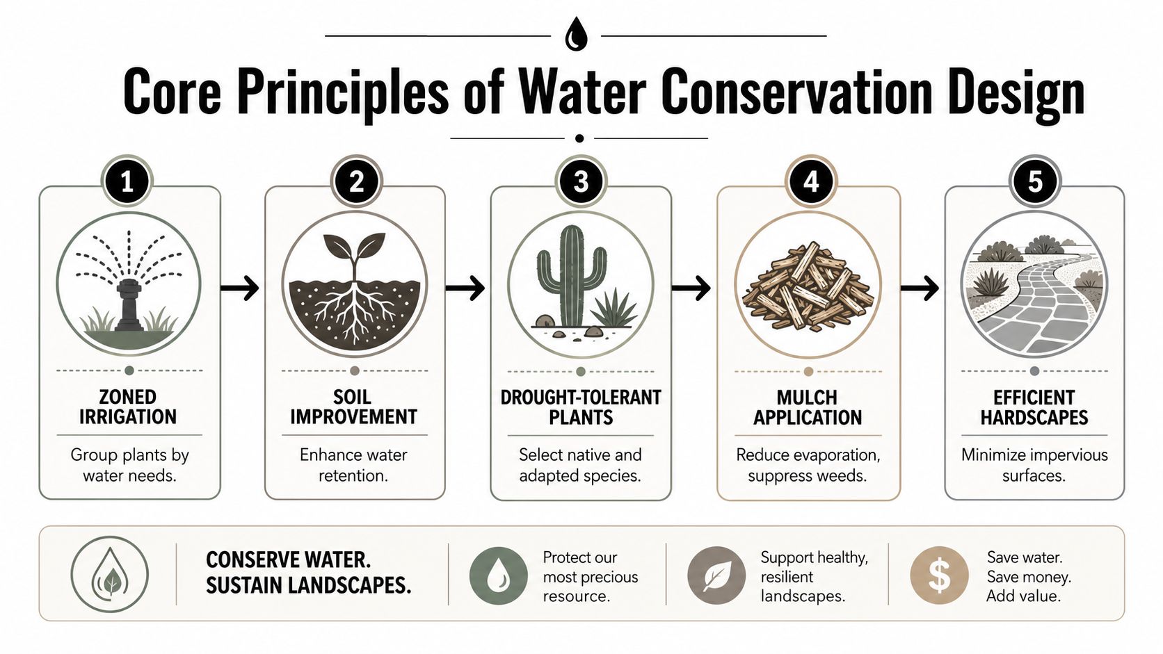 An infographic showing five core principles for water conservation landscaping, including irrigation, soil, and plant choices.