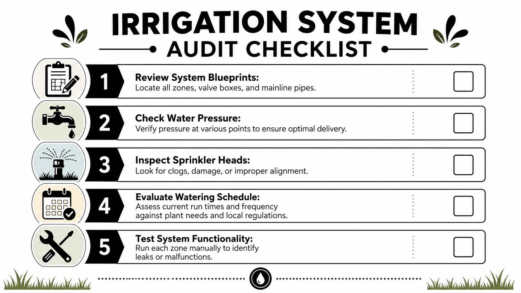 A five-step professional checklist for auditing an irrigation system to ensure efficiency and proper maintenance.