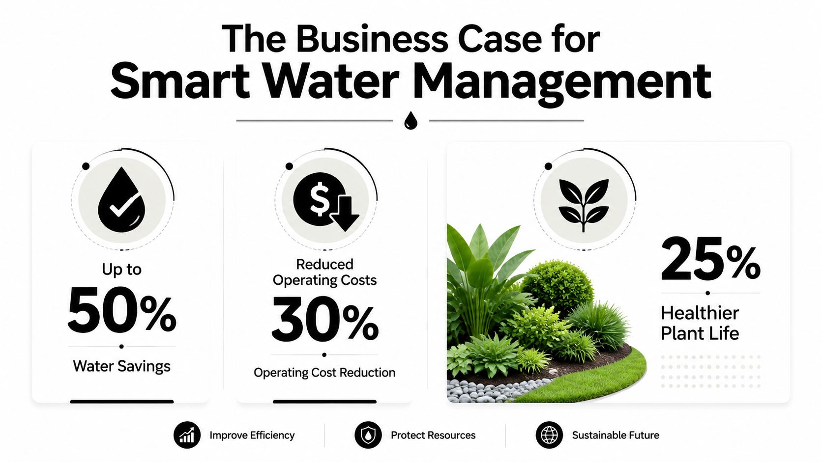 An infographic showing the benefits of smart water management, including water savings, cost reduction, and healthier plant life.