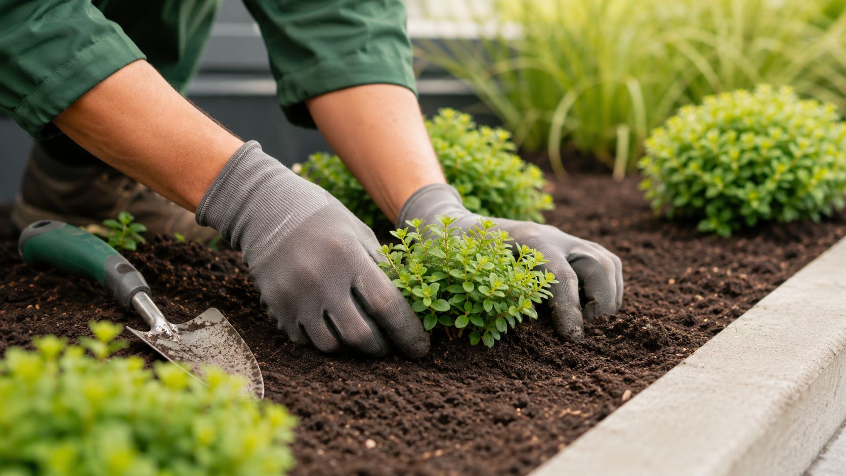 A gardener wearing protective gloves carefully planting small green foliage into the rich dark soil