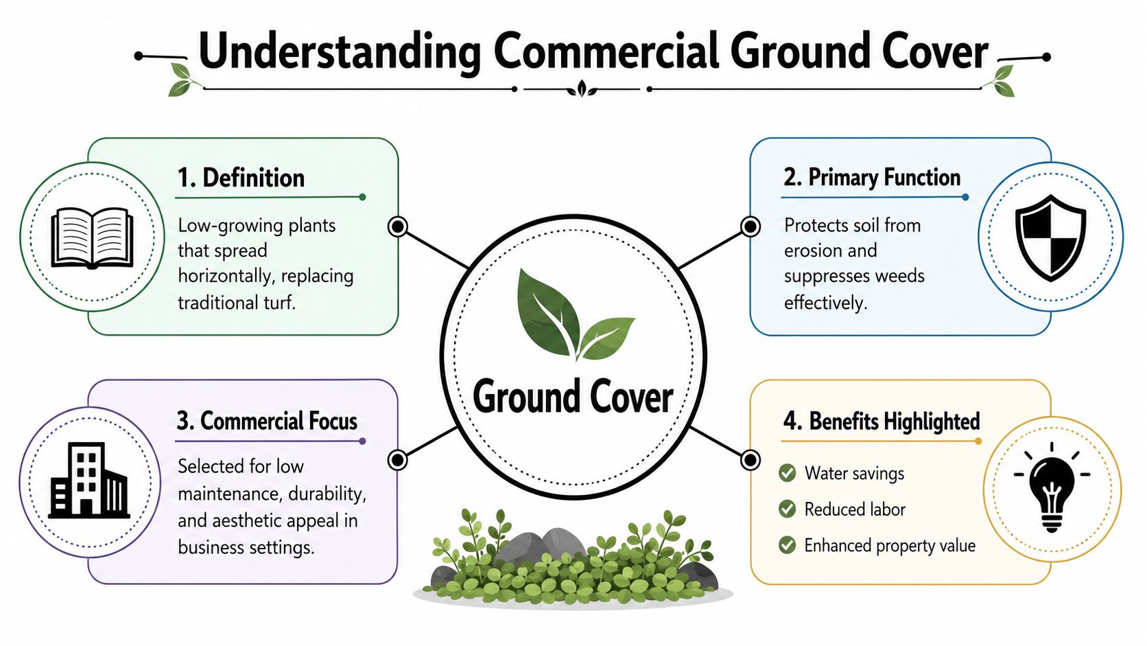 A diagram titled Understanding Commercial Ground Cover illustrating its definition, primary function, commercial focus, and key benefits.