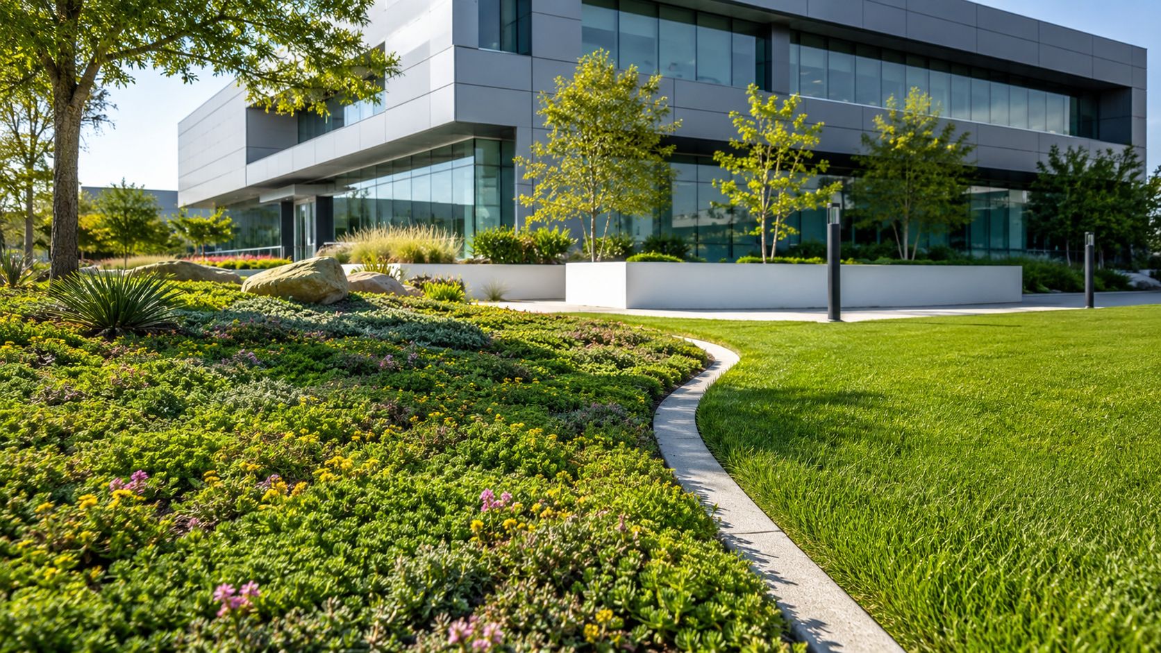 A modern corporate office building featuring a beautifully landscaped ground cover garden and manicured lawn.