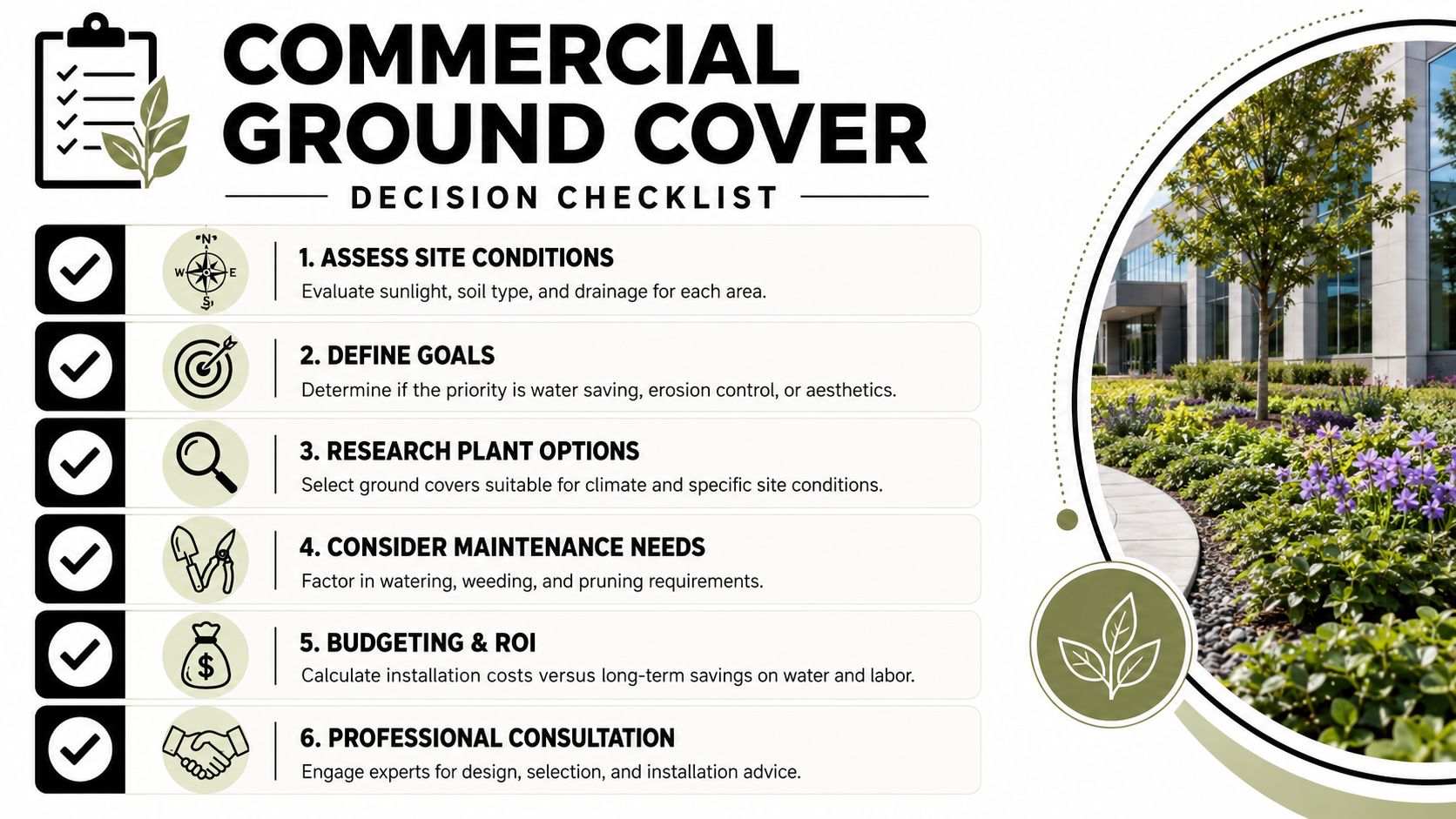 A checklist infographic titled Commercial Ground Cover Decision Checklist detailing six steps for choosing landscaping solutions.
