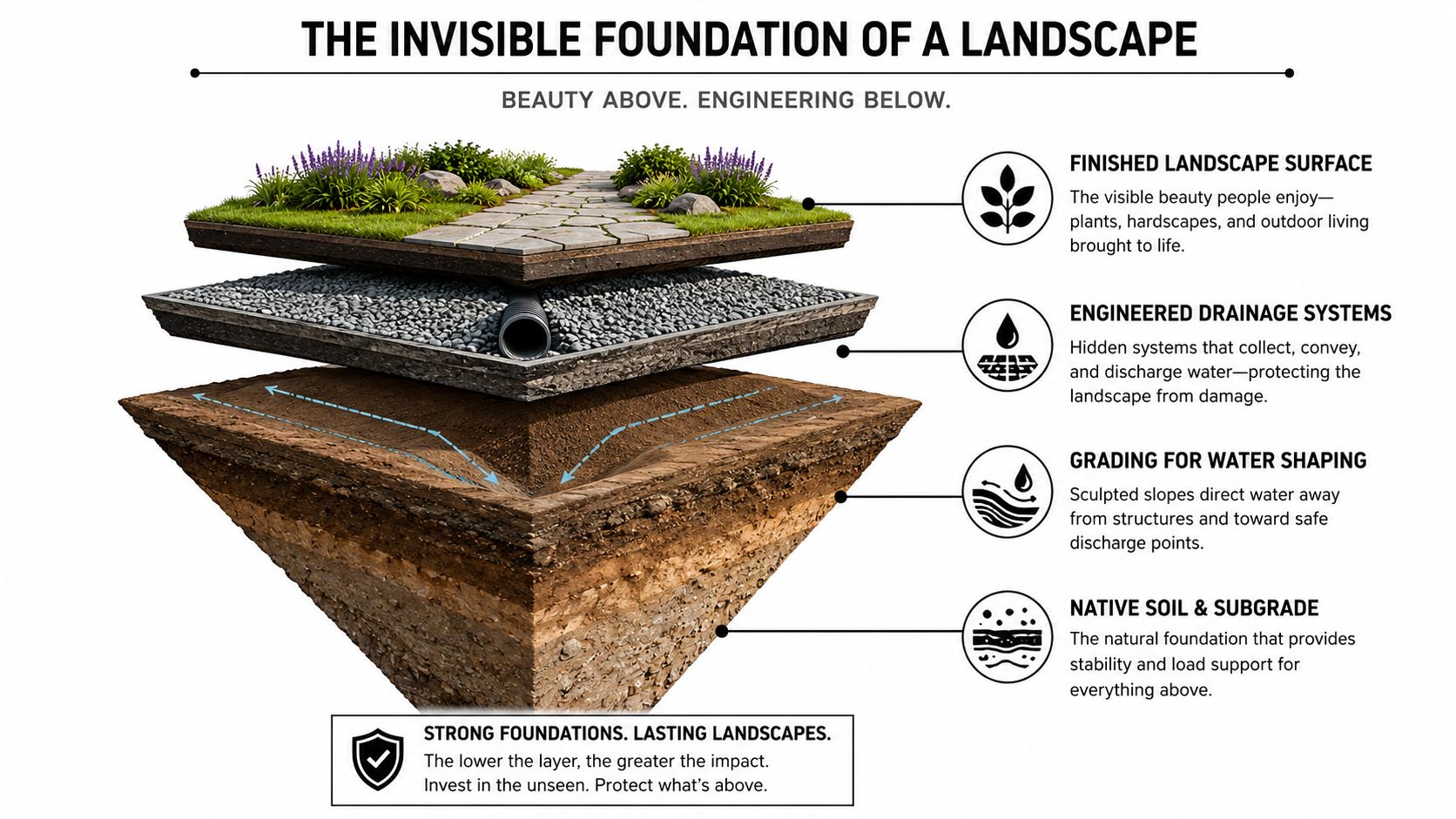 A 3D diagram showing the layers of landscape construction from the surface down to the native soil.