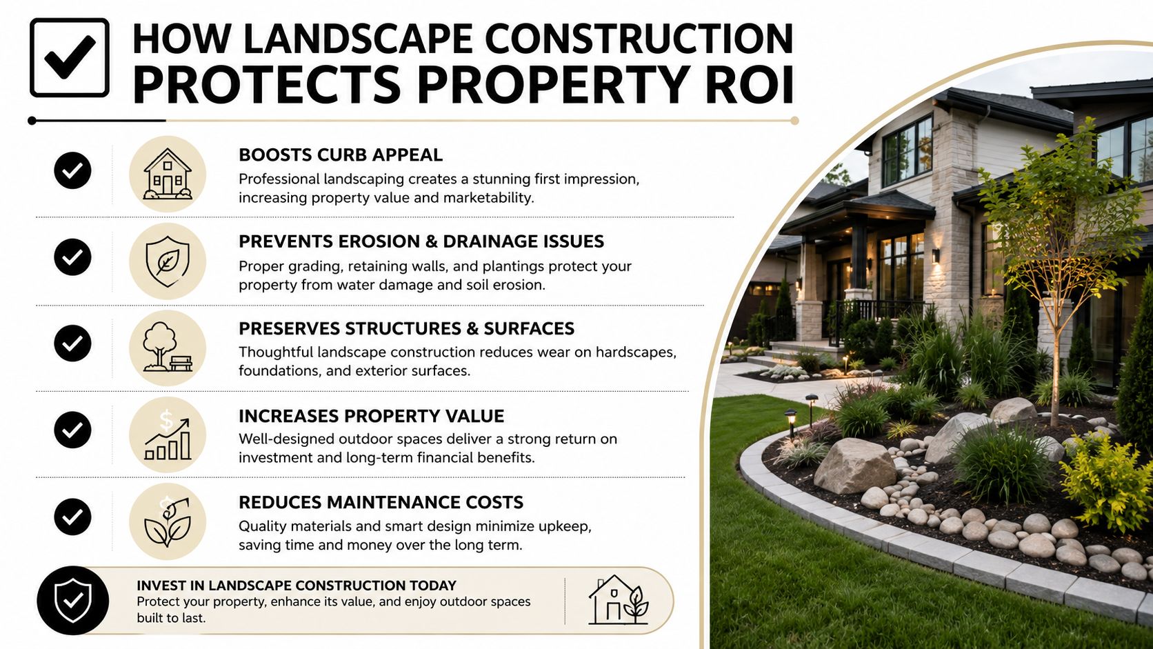 A professional graphic explaining how landscape construction protects and increases the ROI of your home property.