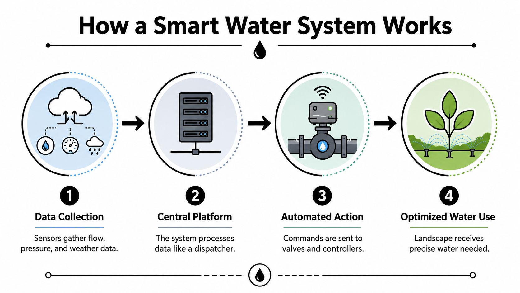 A four-step infographic illustrating the process of a smart water system from data collection to irrigation.