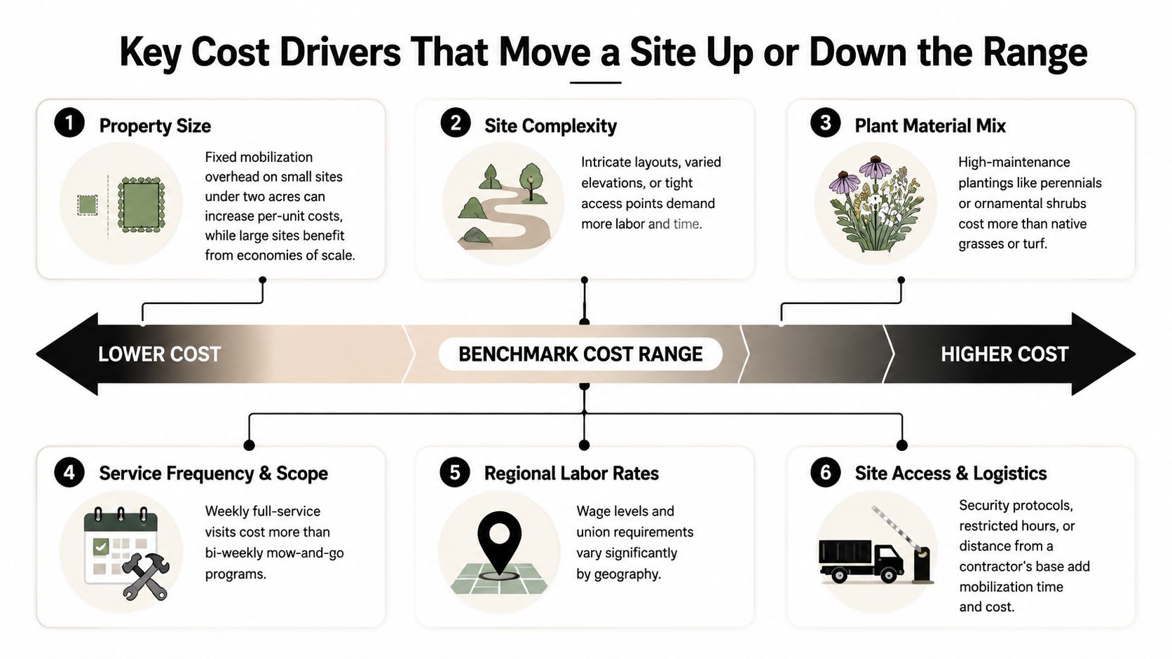 An infographic showing six key cost drivers that affect commercial landscaping maintenance prices for property owners.