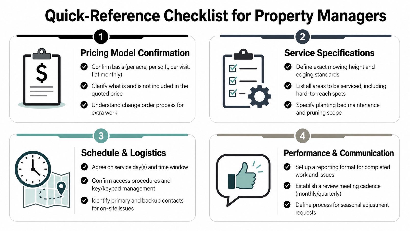 A quick-reference checklist for property managers outlining pricing, service specifications, logistics, and performance communication steps.
