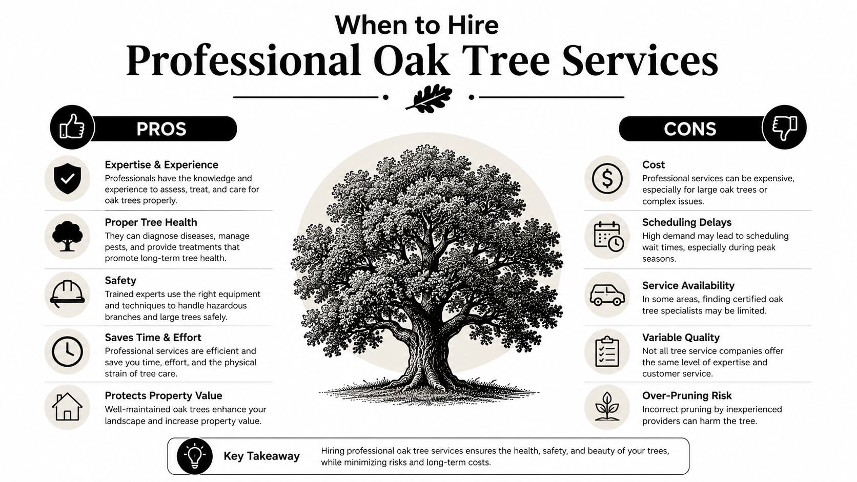 An infographic detailing the pros and cons of hiring professional oak tree care services for homeowners.