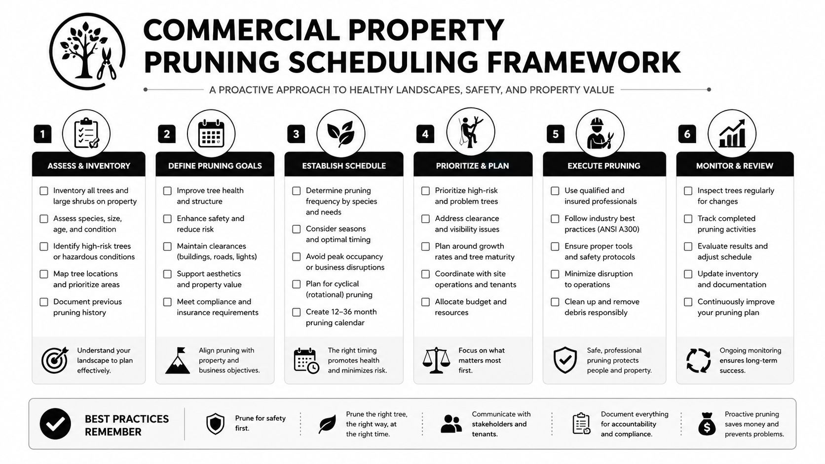 A six-step infographic detailing a commercial property pruning scheduling framework for healthy landscapes and safety.