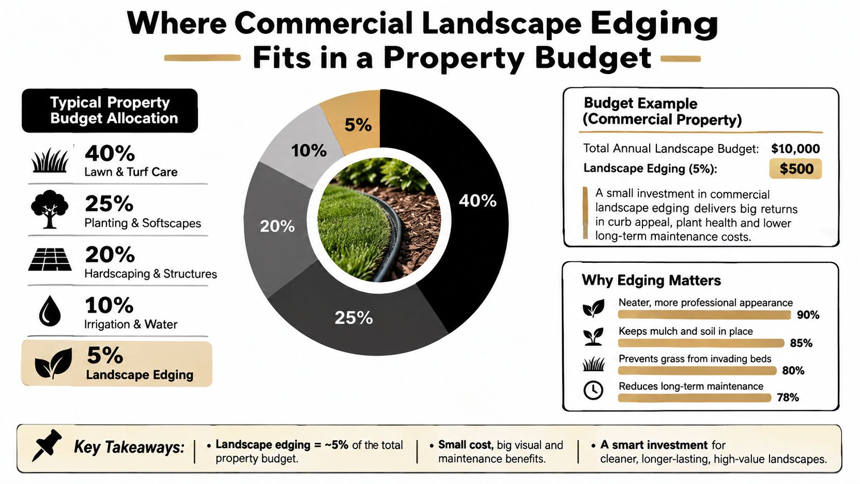An infographic showing that landscape edging accounts for 5% of a typical property maintenance budget.