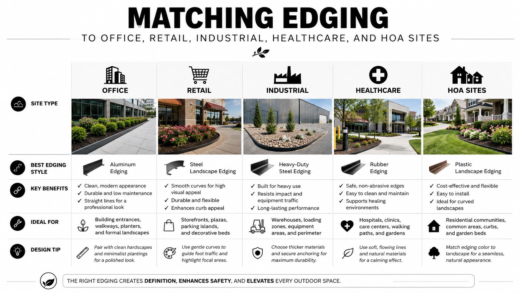 A comparison chart showing recommended edging materials for office, retail, industrial, healthcare, and residential sites.