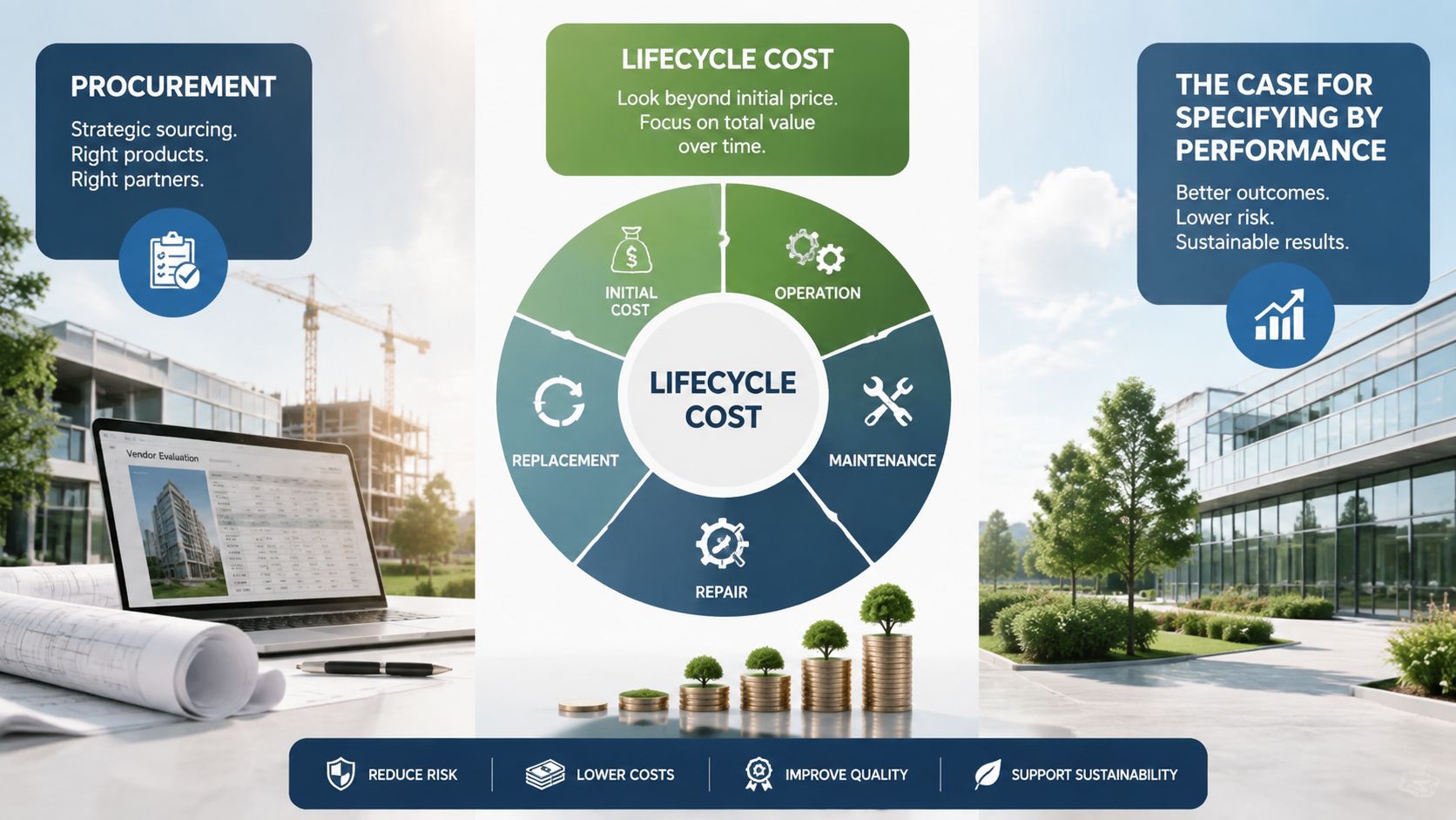 An infographic illustrating lifecycle cost principles in commercial construction procurement and performance-based specifications for sustainable outcomes.