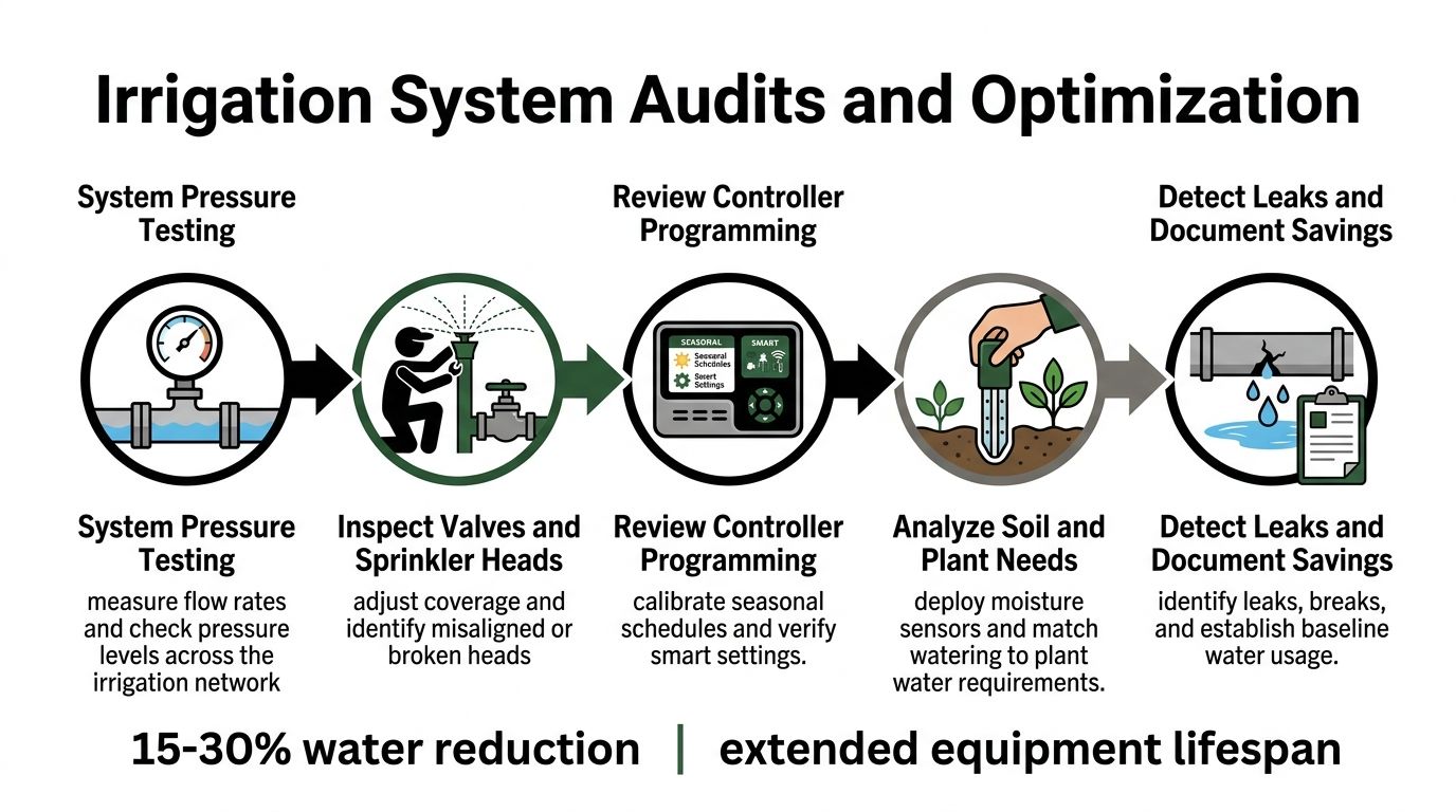 A five-step infographic showing the process of irrigation system audits and optimization for landscape maintenance.