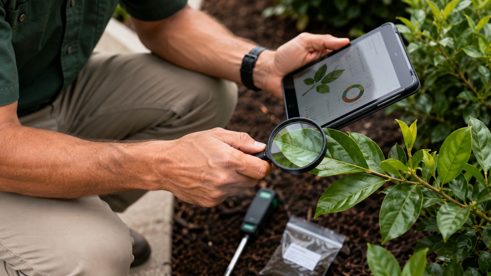 A professional landscaper examines plant leaves with a magnifying glass while reviewing digital data on a tablet.